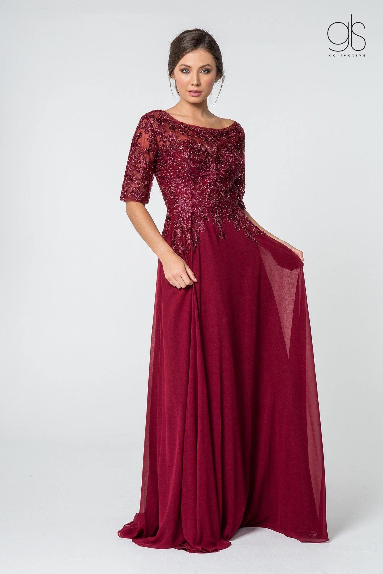 Robe Longue Formelle Pour Mère De La Mariée En Chiffon Avec Buste Brodé Et Manches Trois Quarts Dos Transparent