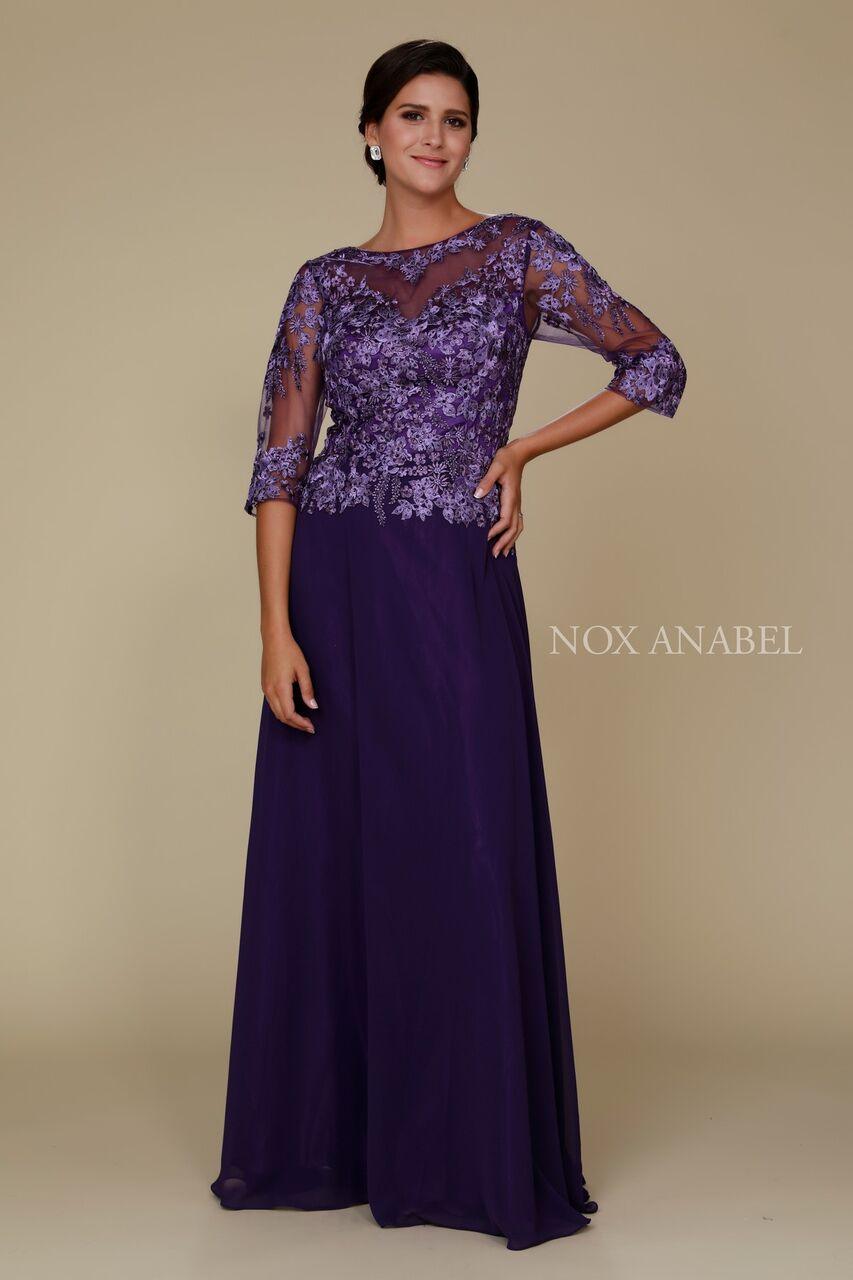 Robe Longue Mère De La Mariée En Chiffon Avec Manches Trois Quarts Dentelle Illusion Perles Dos Fermeture Éclair