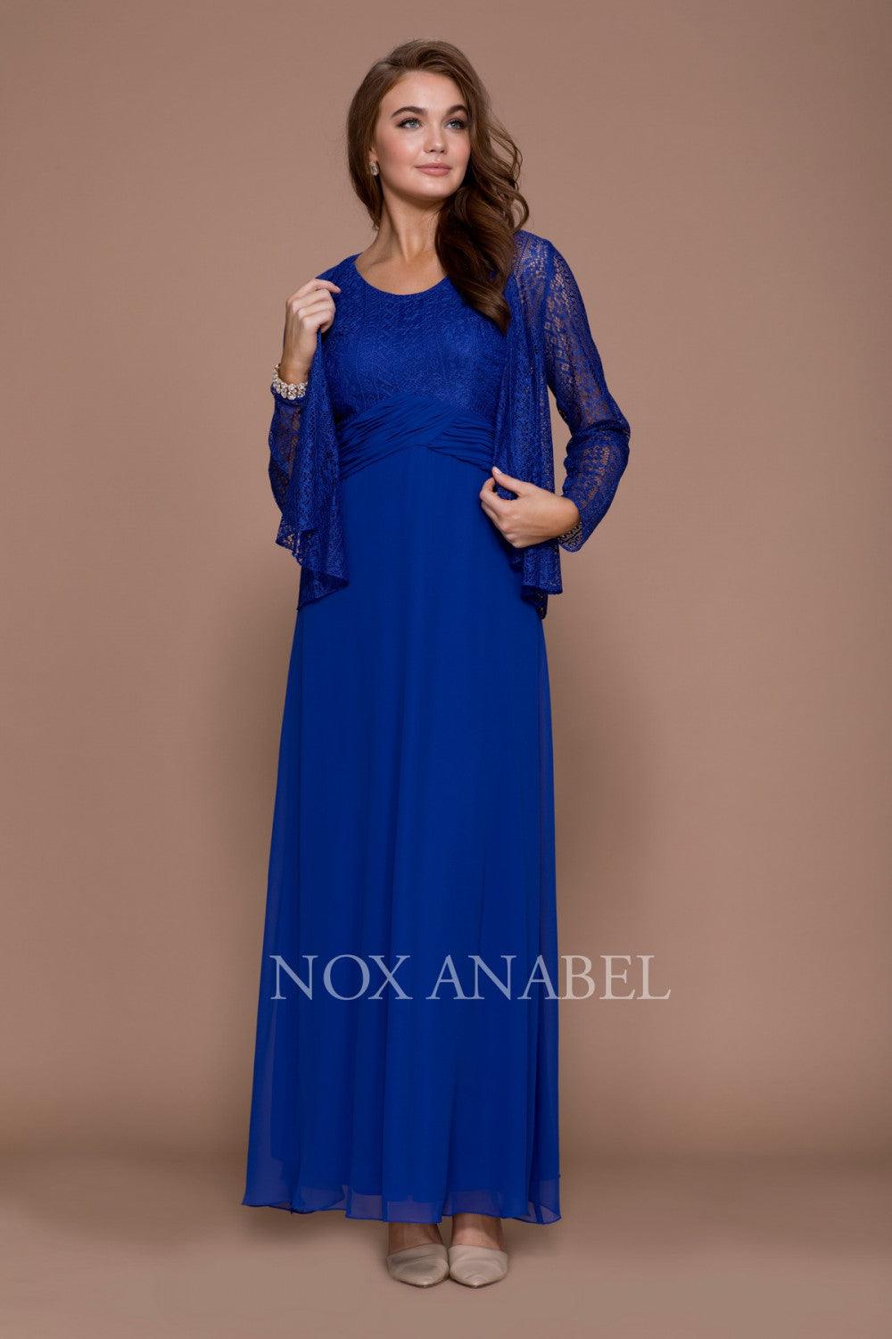 Robe Longue Sans Manches Pour Belle Mère Élégante Avec Veste En Chiffon Et Dentelle En Ivoire Bourgogne Bleu Roi
