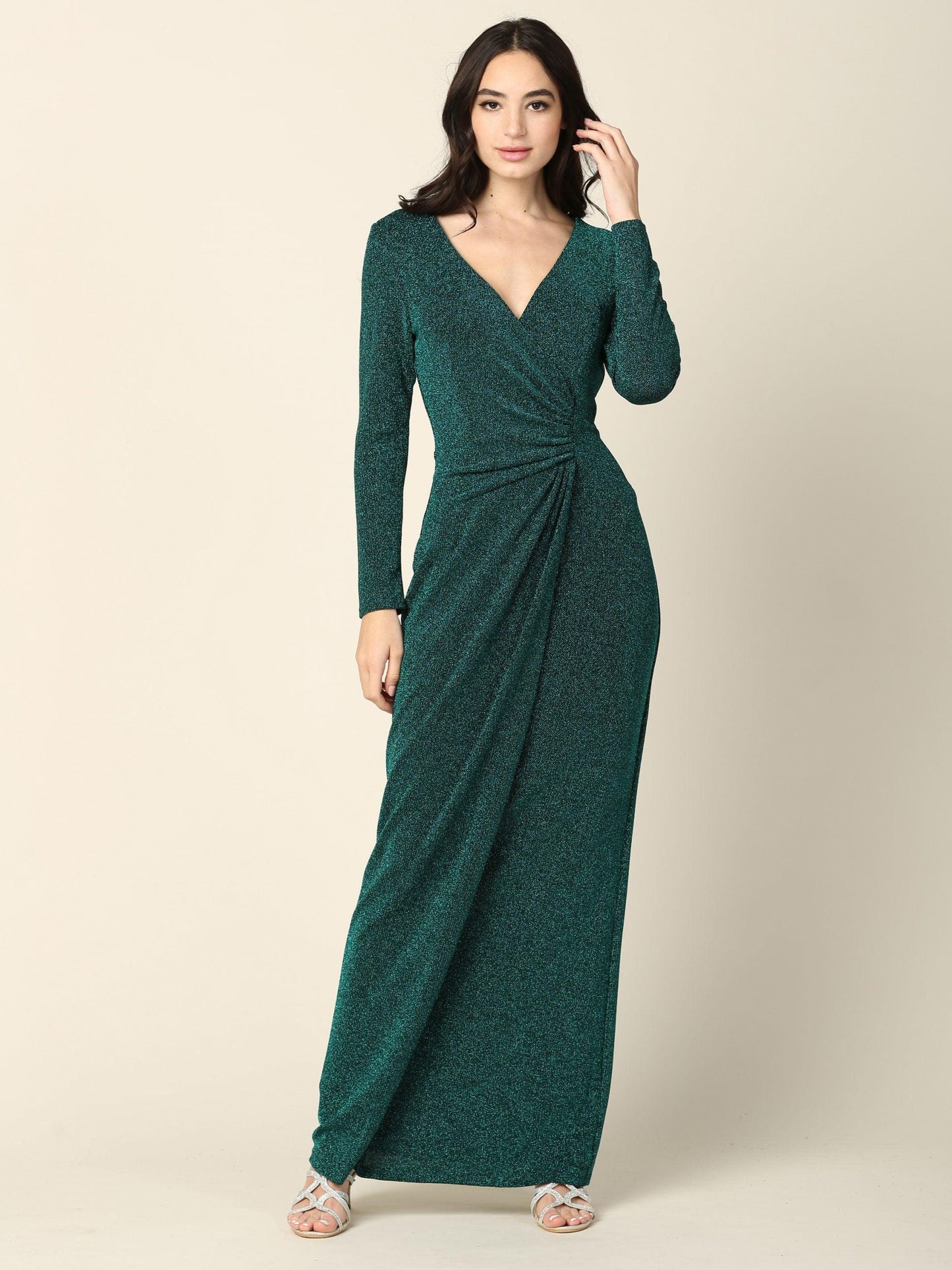 Robe Longue Métallisée Pour Mère De La Mariée Avec Encolure En V Et Manches Longues