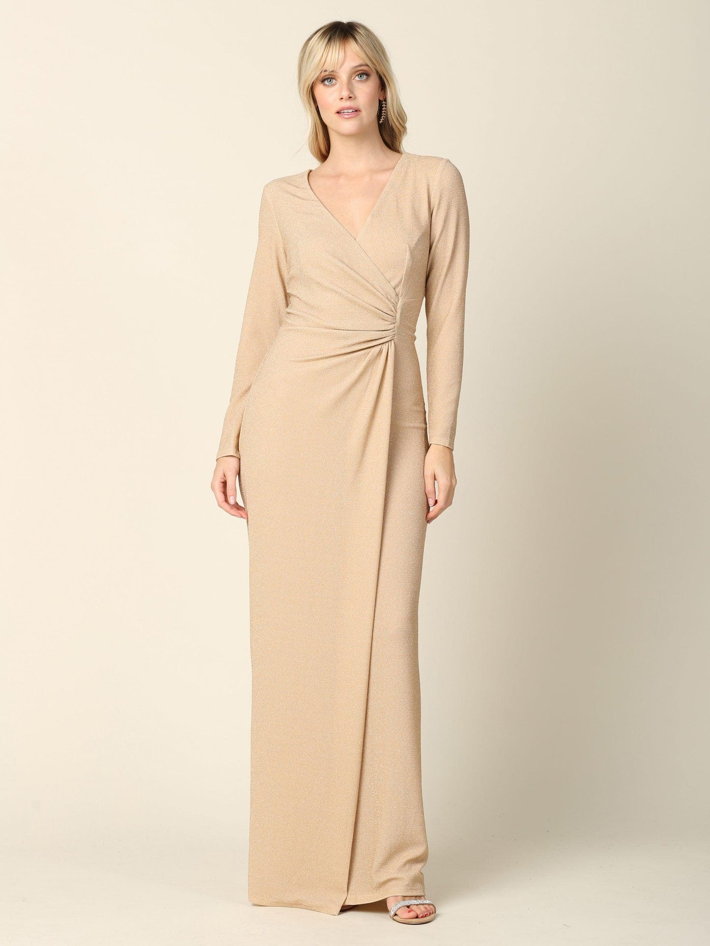 Robe Longue Métallisée Pour Mère De La Mariée Avec Encolure En V Et Manches Longues
