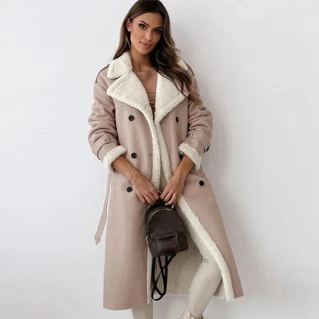 Manteau Long En Cuir PU Avec Fourrure Pour Femme Coupe Décontractée Double Boutonnage Revers Larges