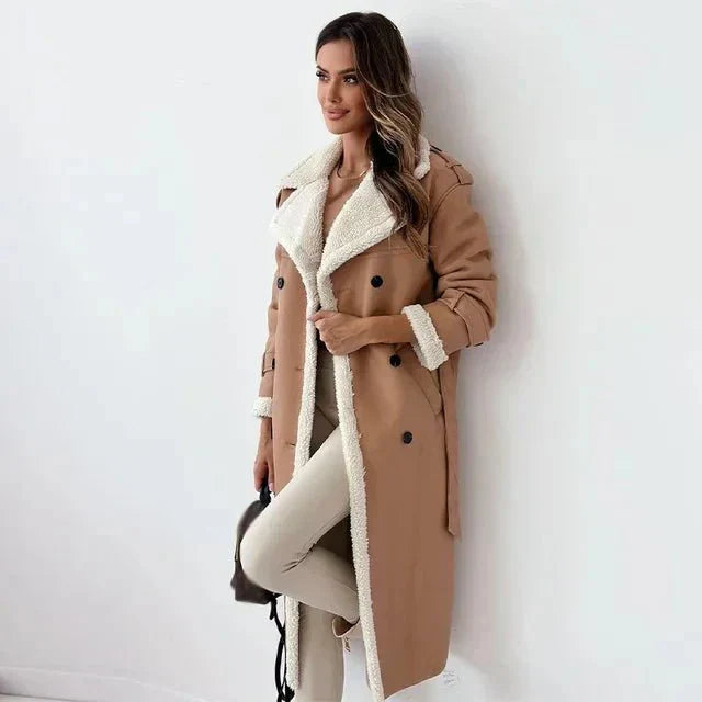 Manteau Long En Cuir PU Avec Fourrure Pour Femme Coupe Décontractée Double Boutonnage Revers Larges