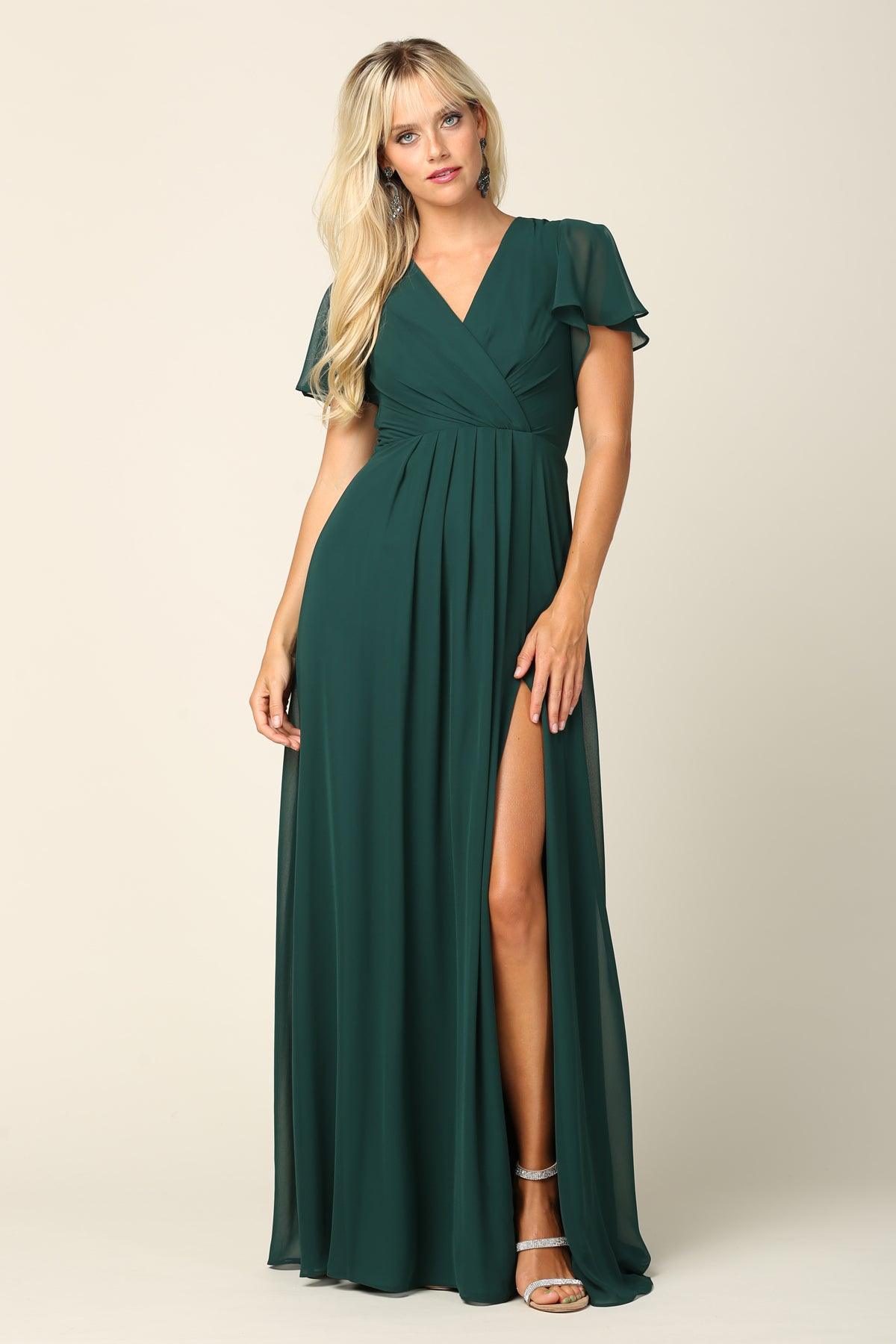 Robe En Chiffon Pour Mère De La Mariée À Manches Courtes Décolleté En V Et Fente Haute Longue