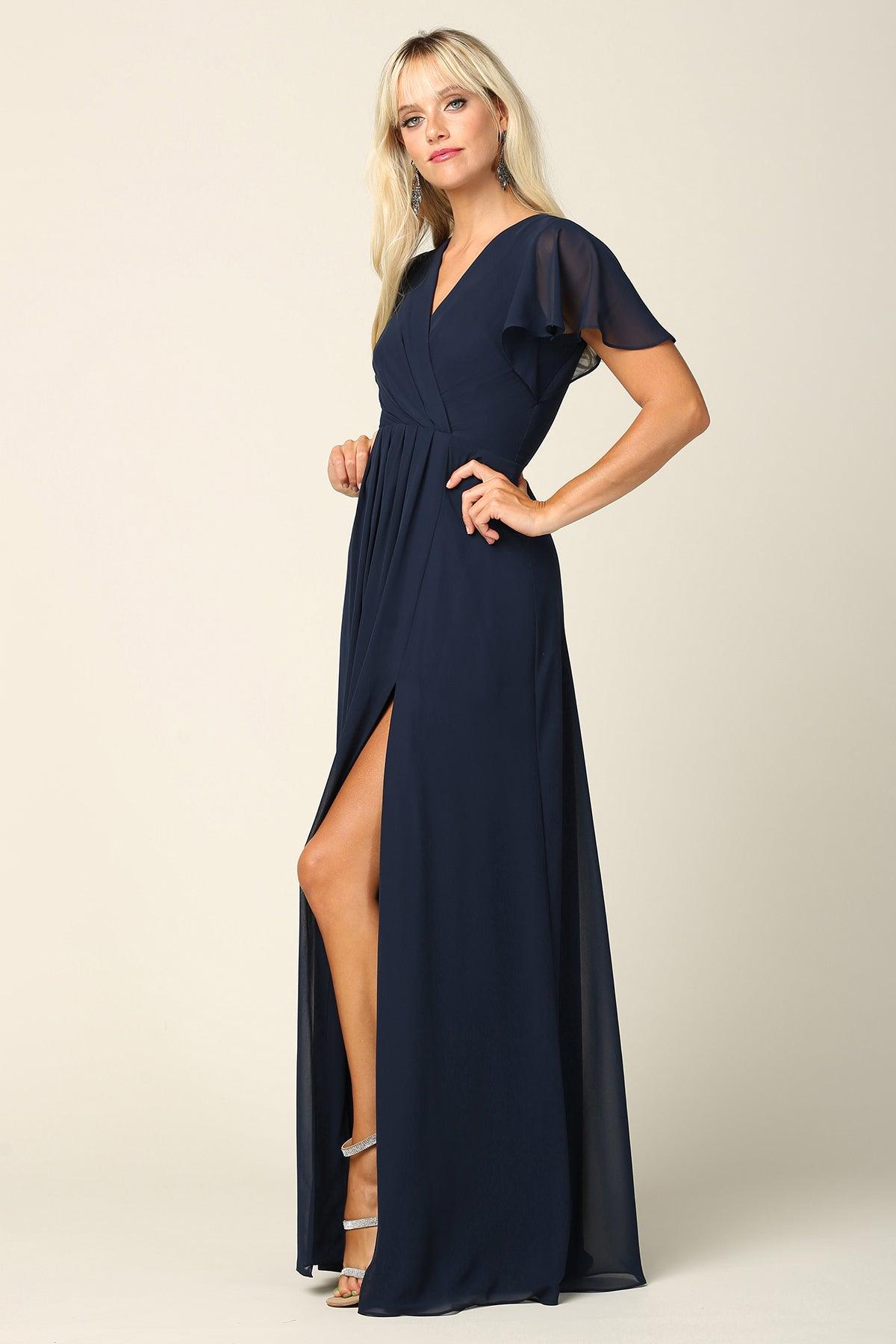 Robe En Chiffon Pour Mère De La Mariée À Manches Courtes Décolleté En V Et Fente Haute Longue