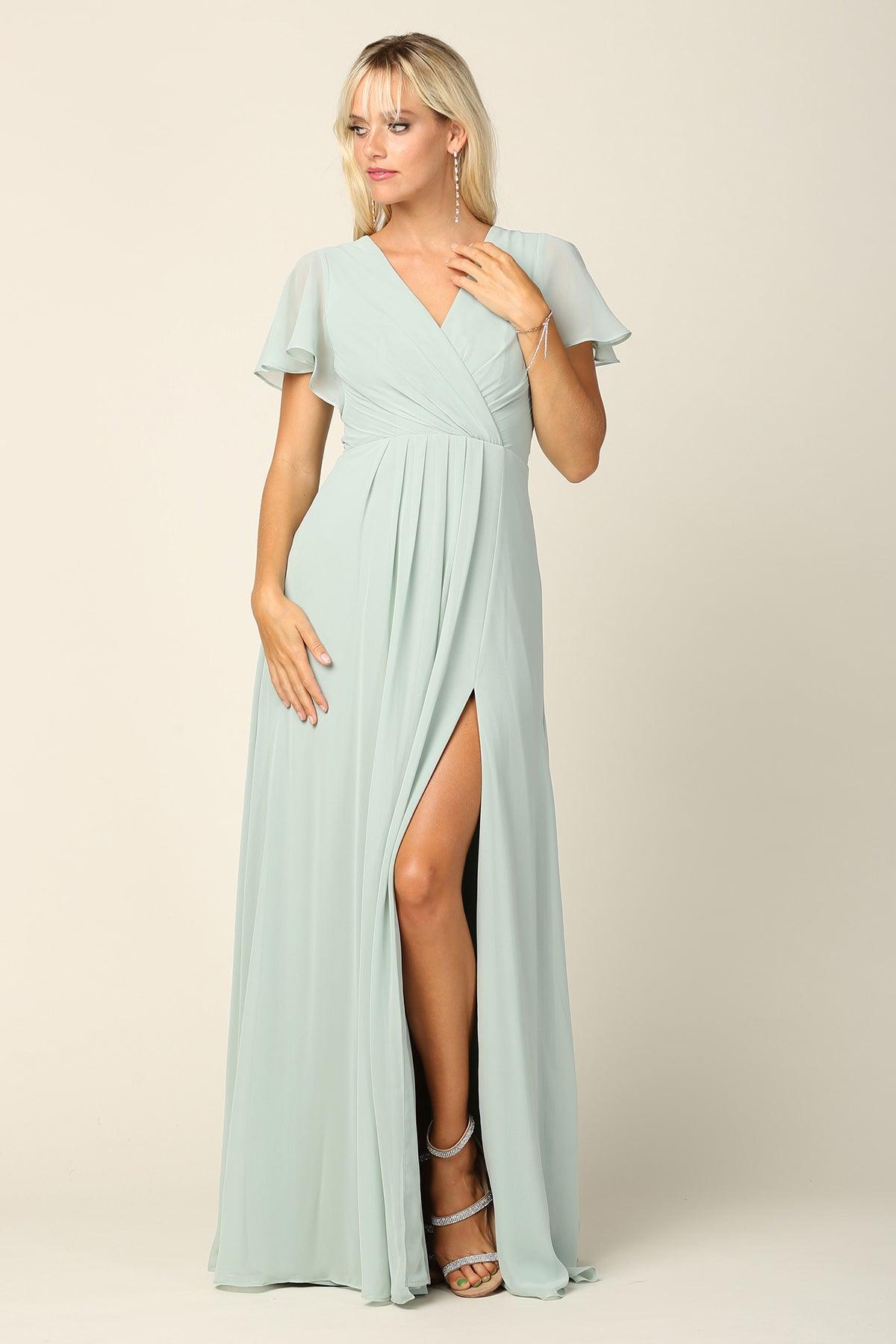Robe En Chiffon Pour Mère De La Mariée À Manches Courtes Décolleté En V Et Fente Haute Longue