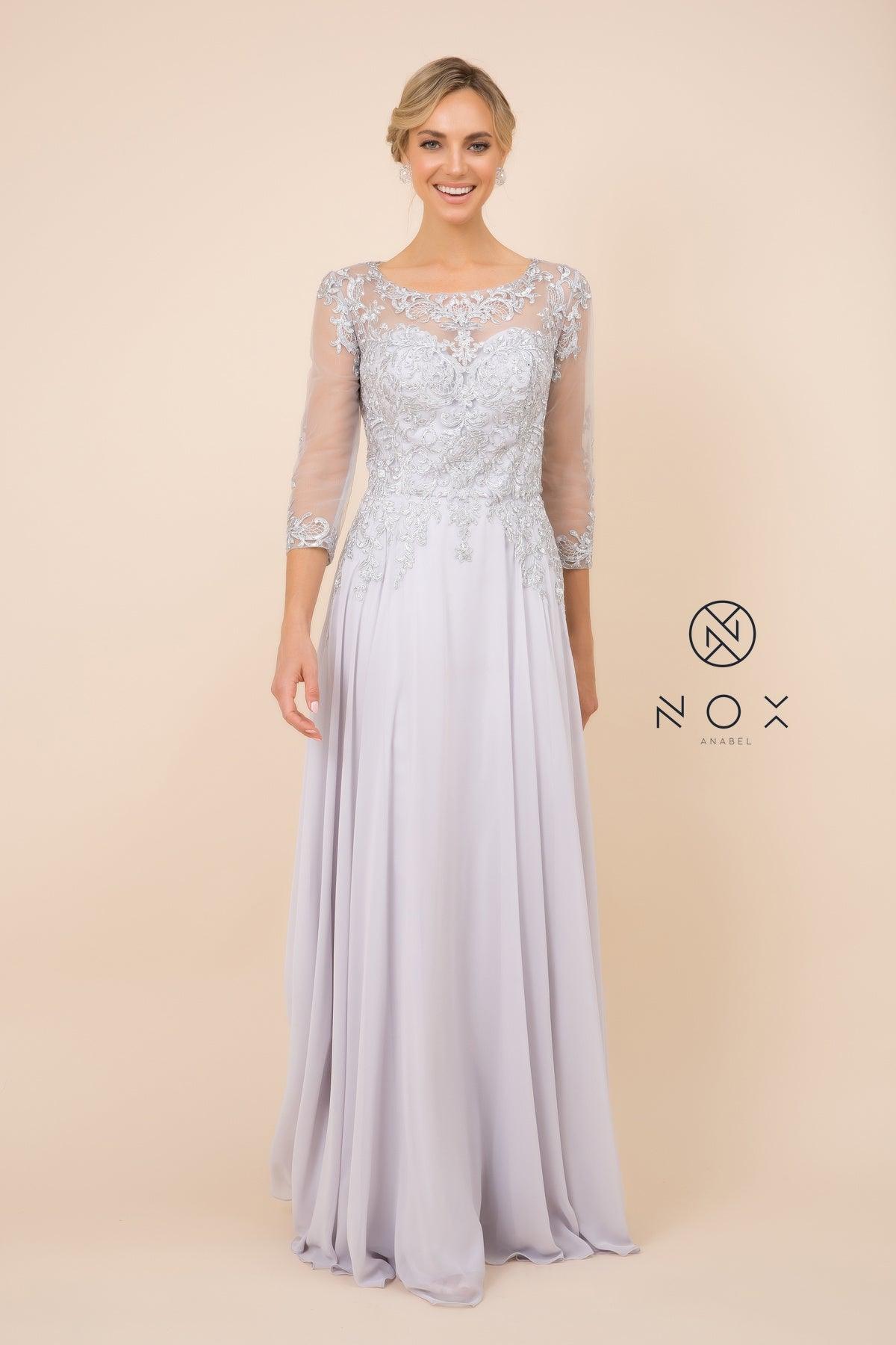Robe Longue De Soirée Pour Mère De La Mariée Avec Manches Longues Et Appliques Brodées En Chiffon