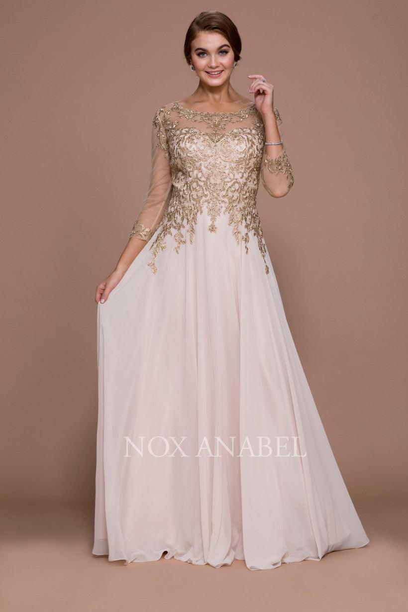 Robe Longue De Soirée Pour Mère De La Mariée Avec Manches Longues Et Appliques Brodées En Chiffon