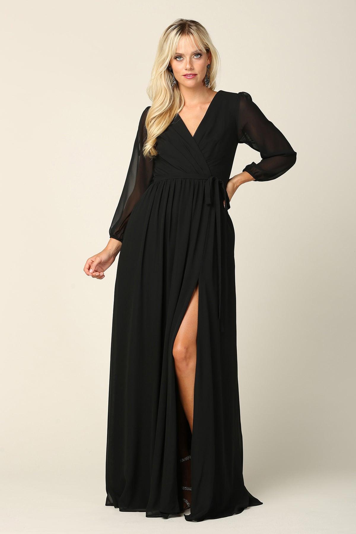 Robe Longue Formelle Pour Mère De La Mariée Eva Fashion 3410 En Chiffon Manches Longues Décolleté En V Avec Fente Haute