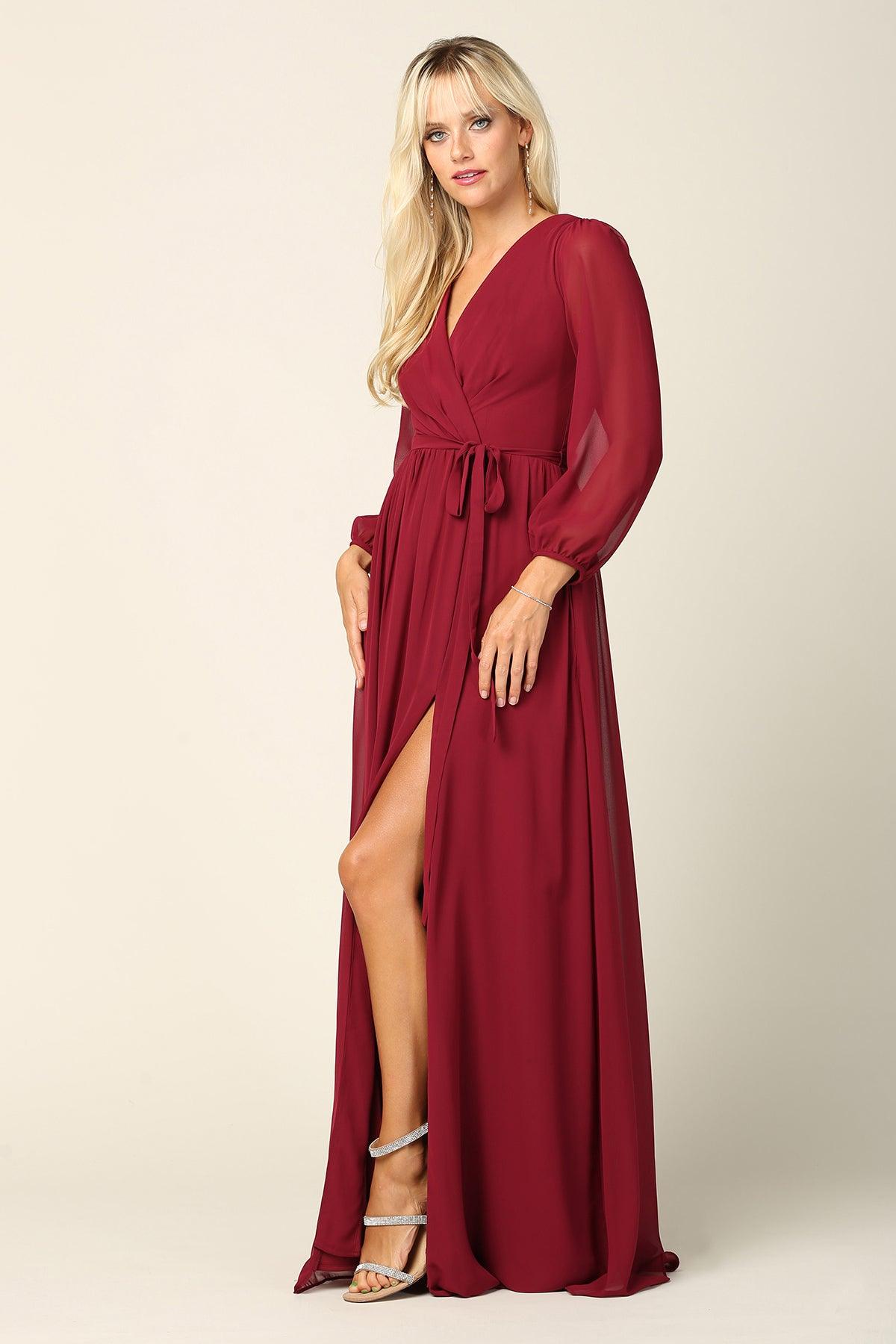 Robe Longue Formelle Pour Mère De La Mariée Eva Fashion 3410 En Chiffon Manches Longues Décolleté En V Avec Fente Haute