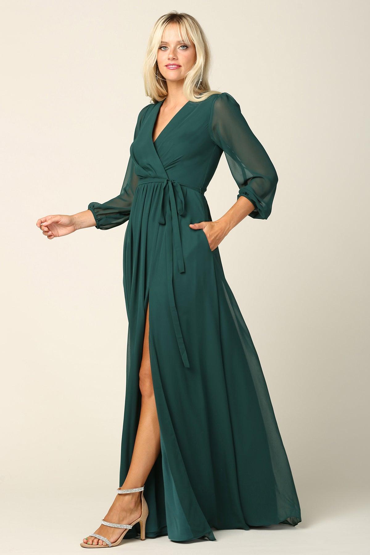 Robe Longue Formelle Pour Mère De La Mariée Eva Fashion 3410 En Chiffon Manches Longues Décolleté En V Avec Fente Haute