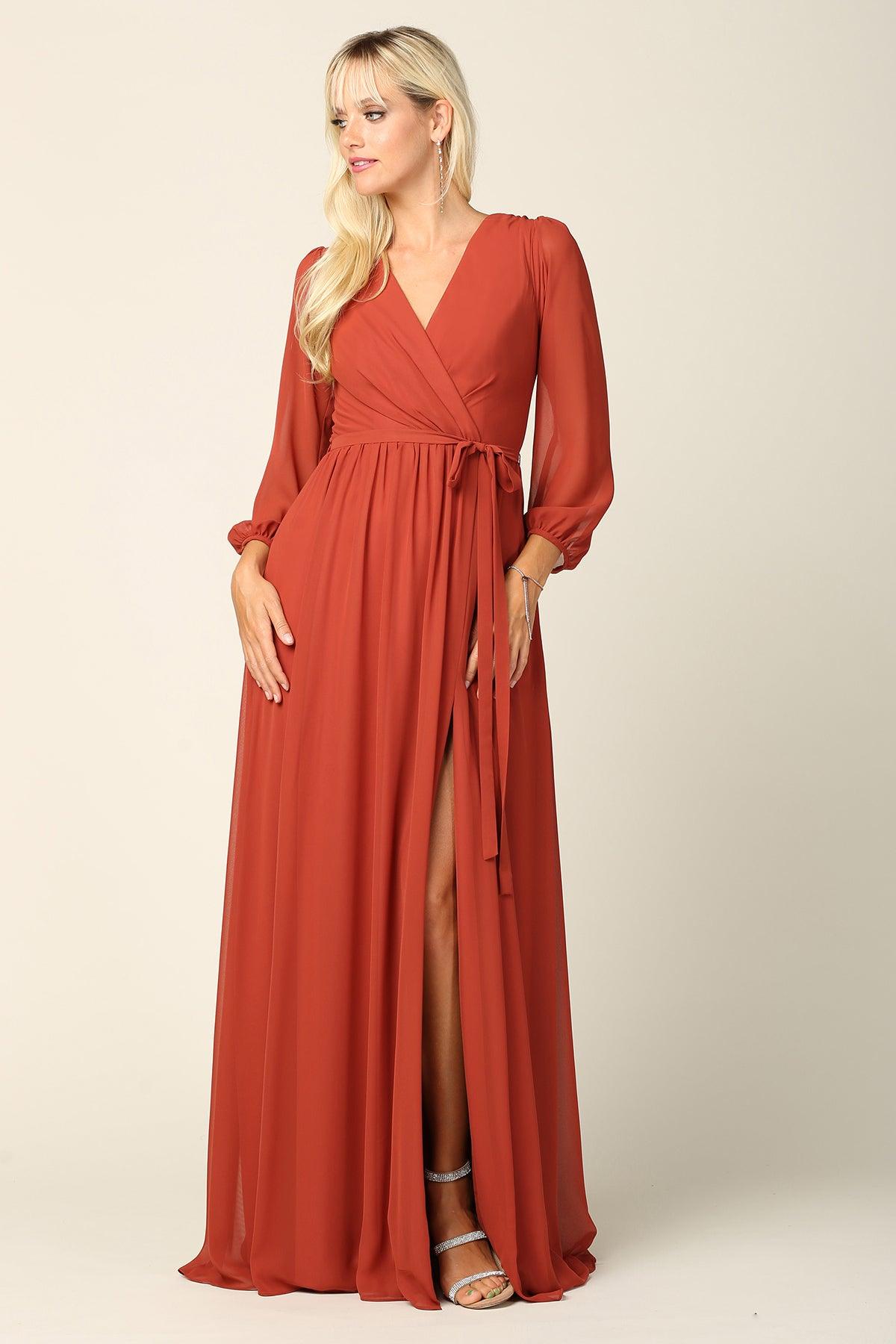 Robe Longue Formelle Pour Mère De La Mariée Eva Fashion 3410 En Chiffon Manches Longues Décolleté En V Avec Fente Haute