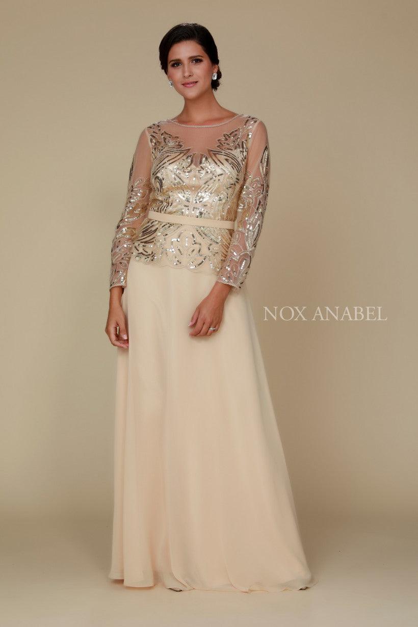 Robe Pour La Mère De La Mariée À Manches Longues Col Illusion Orné De Sequins Brodés En Chiffon Jupe Longue Zip Arrière