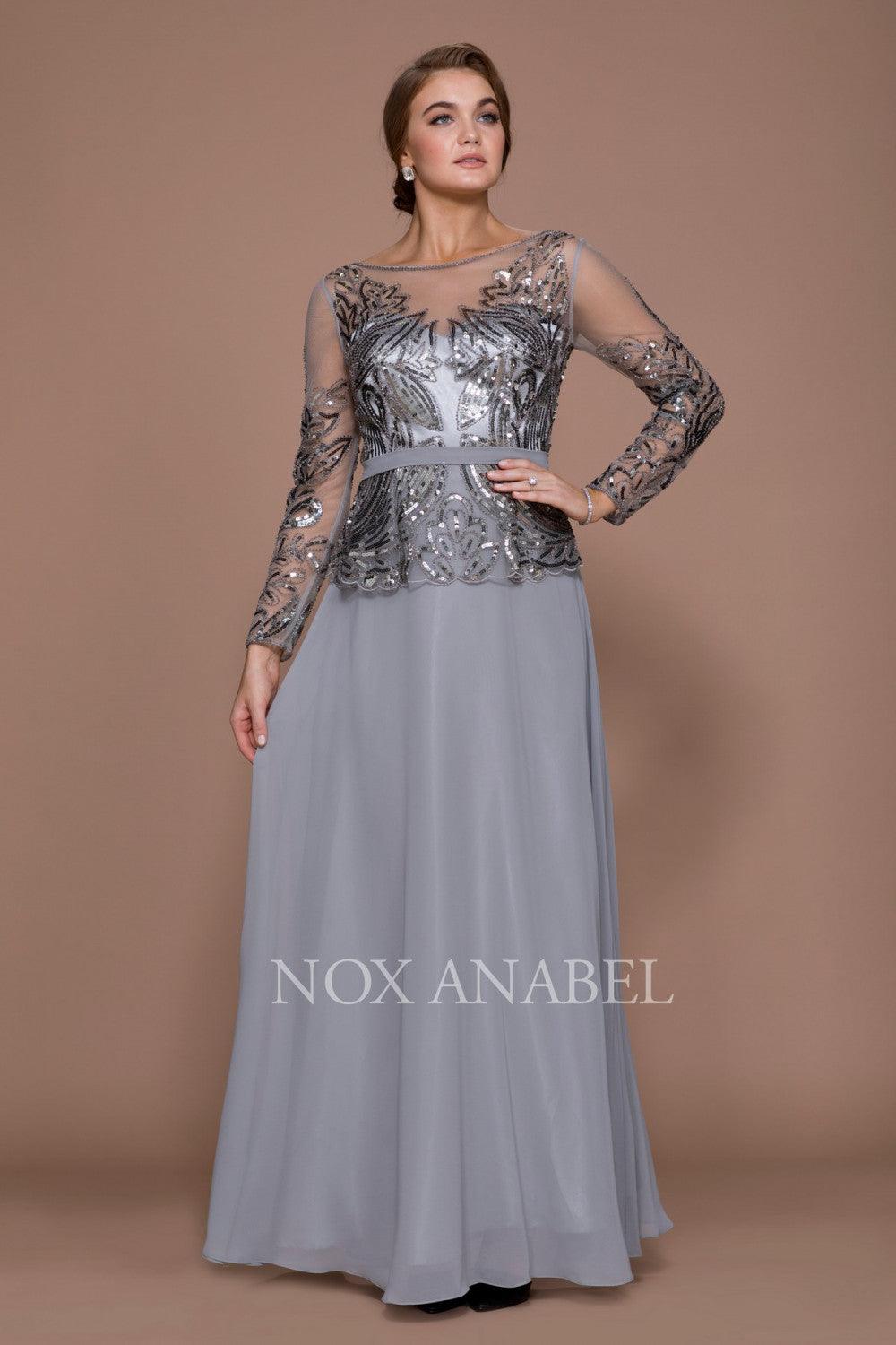 Robe Pour La Mère De La Mariée À Manches Longues Col Illusion Orné De Sequins Brodés En Chiffon Jupe Longue Zip Arrière
