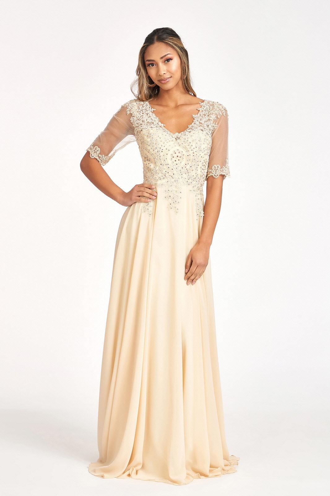 Robe Pour Mère De La Mariée Manches Longues Avec Encolure En V Et Dos En V Pour Cérémonie