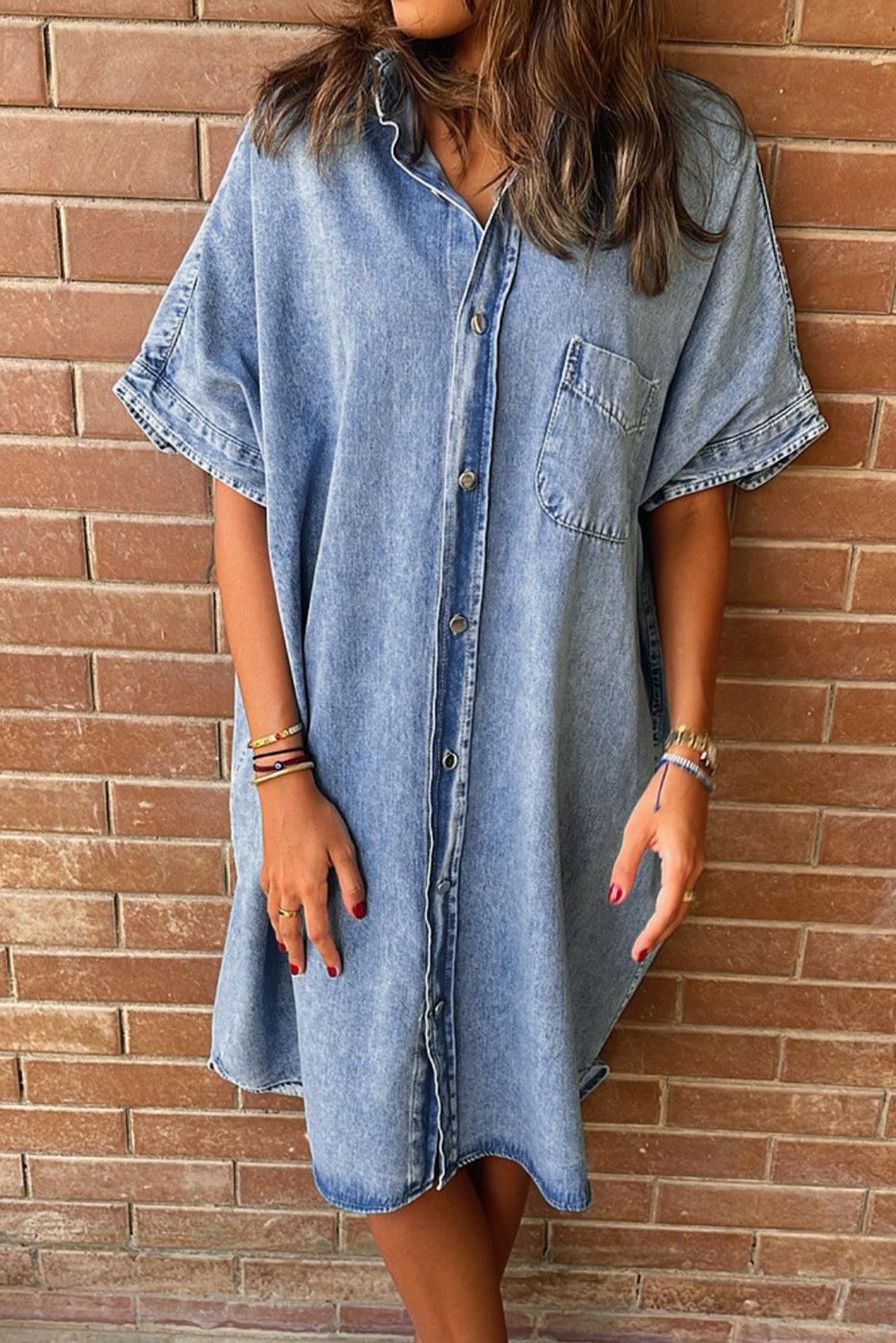 Robe Chemise Femme En Denim Confortable Coupe Oversize Manches Courtes Fermeture À Boutons