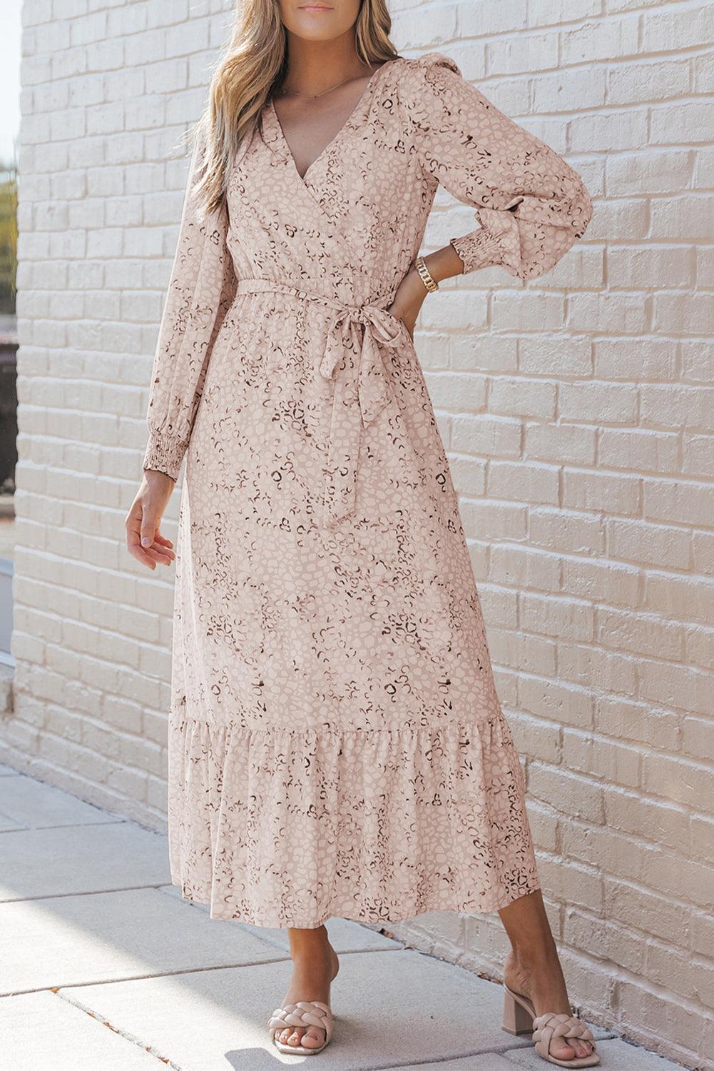 Robe Maxi Femme À Encolure V Cache-Cœur Avec Ceinture À Nouer Et Manches Bouffantes Longues Aérée