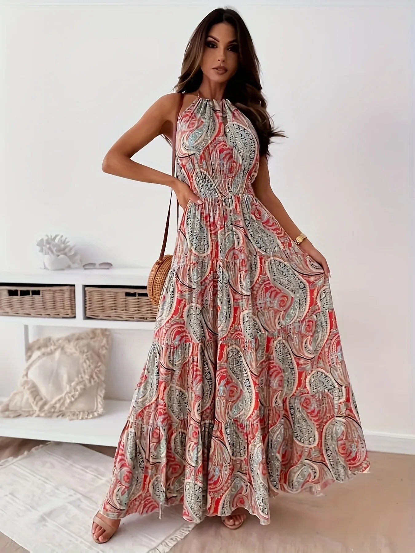 Robe Maxi Femme Encolure Halterneck Fluide A Line Imprimé Paisley Boho Été Confortable Vacances Nuit