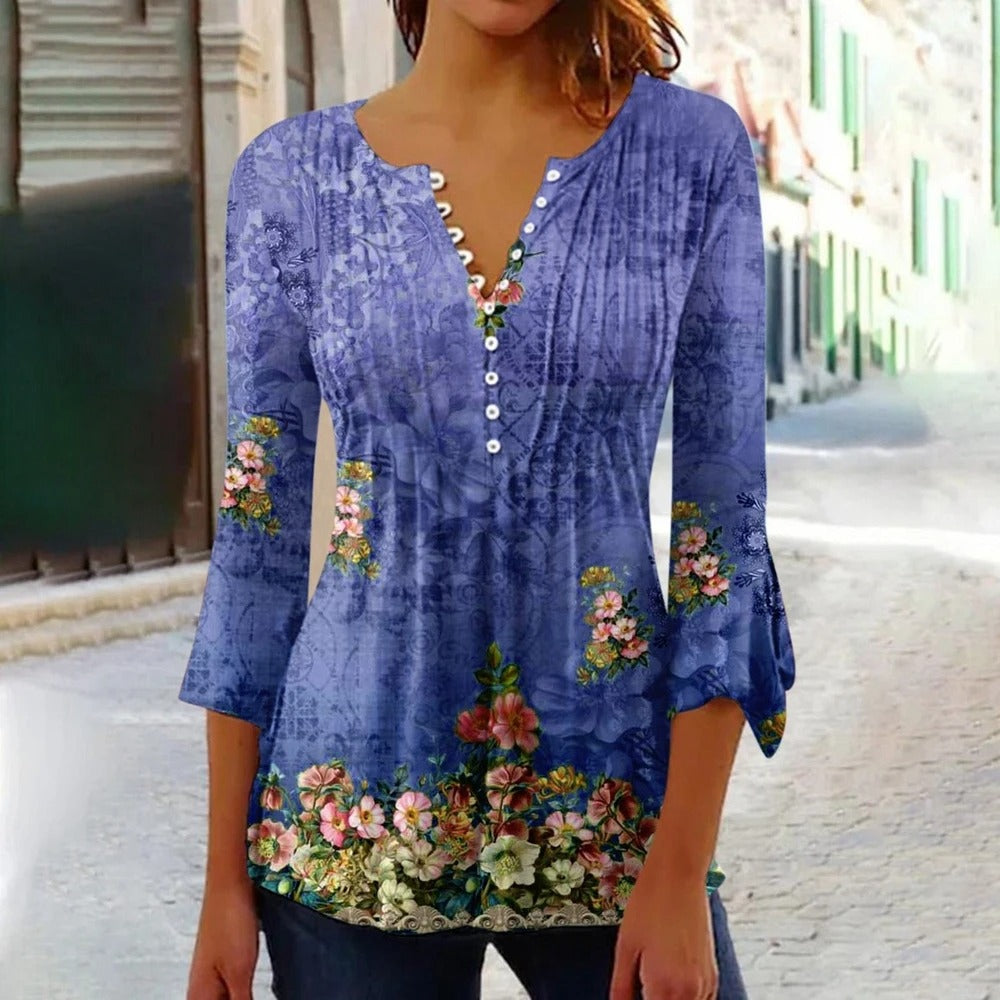 Damen-T-Shirt Mabel mit V-Ausschnitt und Knopfleiste