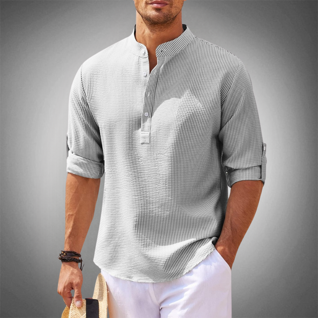 Amawinc Chemise Homme Décontractée Col Mandarin avec Manches Longues Roulables Semi-Formelle