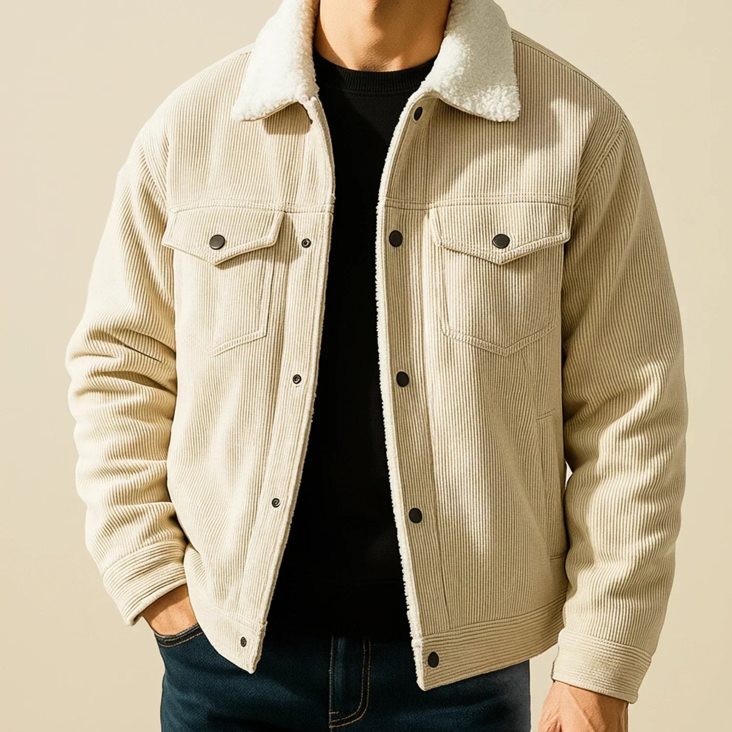 Amawinc Veste Homme Velours Côtelé Avec Col Sherpa Confort Chaleur Coupe Décontractée Poches Poitrine