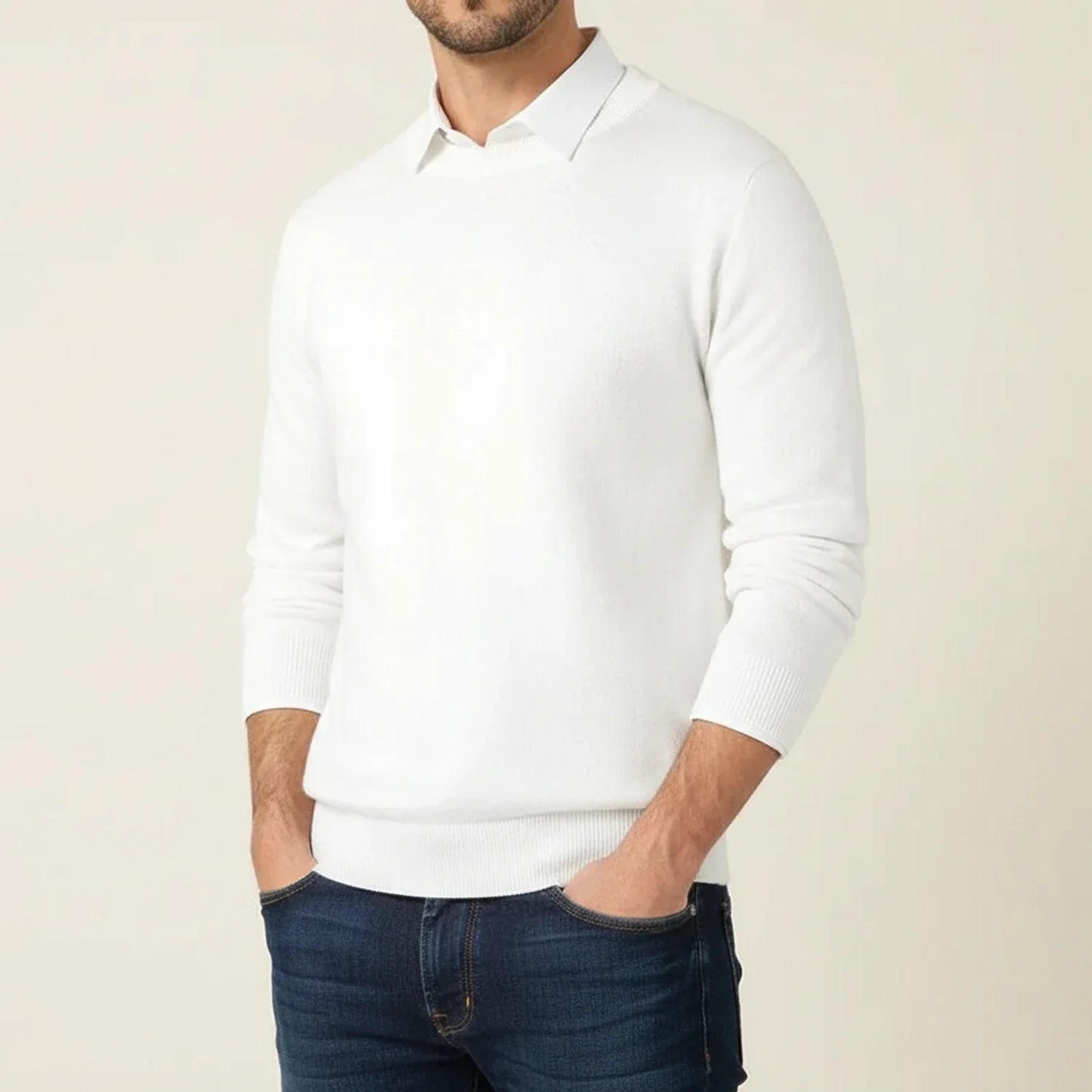 Pull Homme Regular Fit Col Rond À Côtes Poignets Et Ourlet Décontracté Pour Port Quotidien