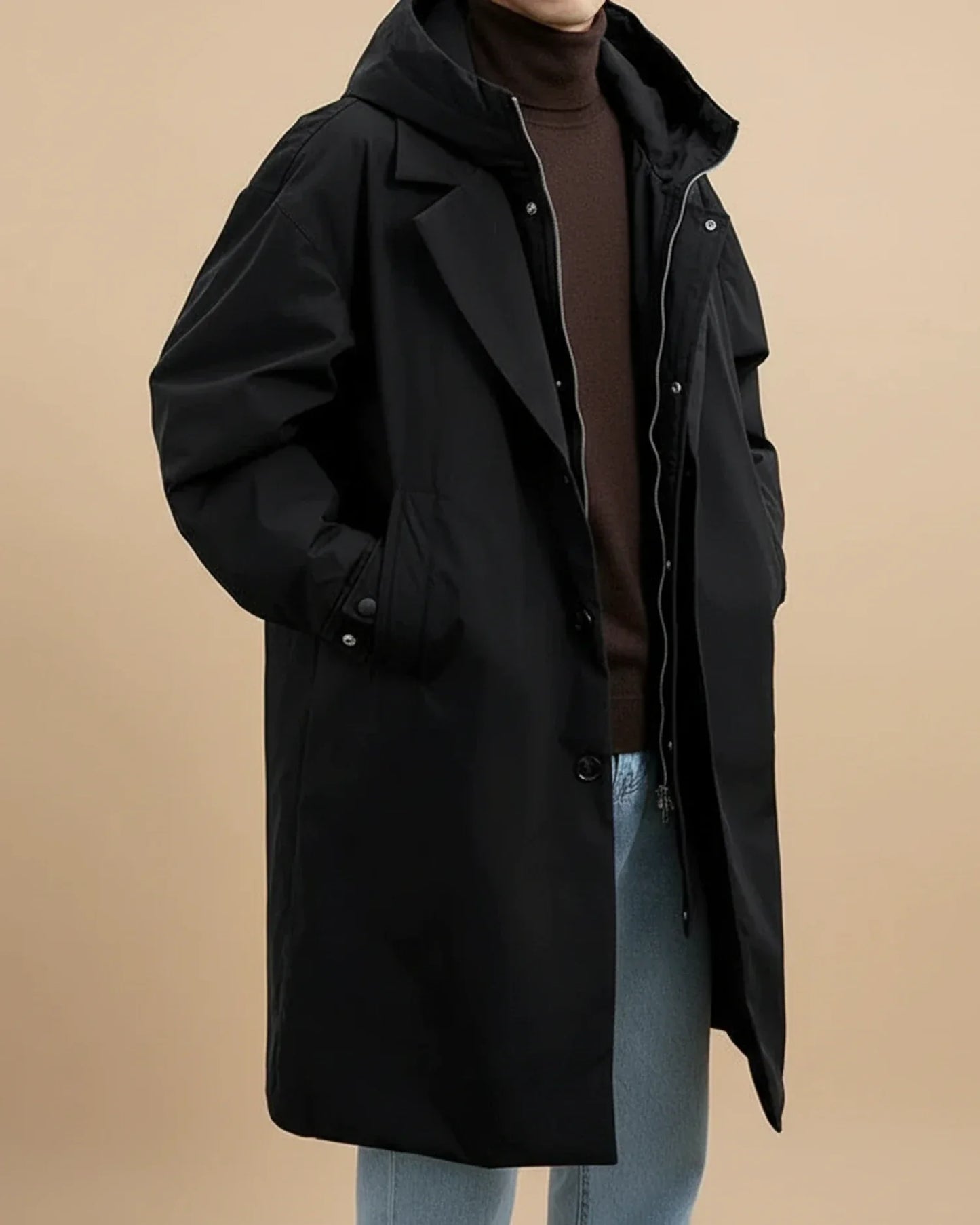 Manteau Long Imperméable Pour Hommes Capuche Oversize Vert Olive Avec Zip Ou Boutons Devant Pour Toutes Conditions