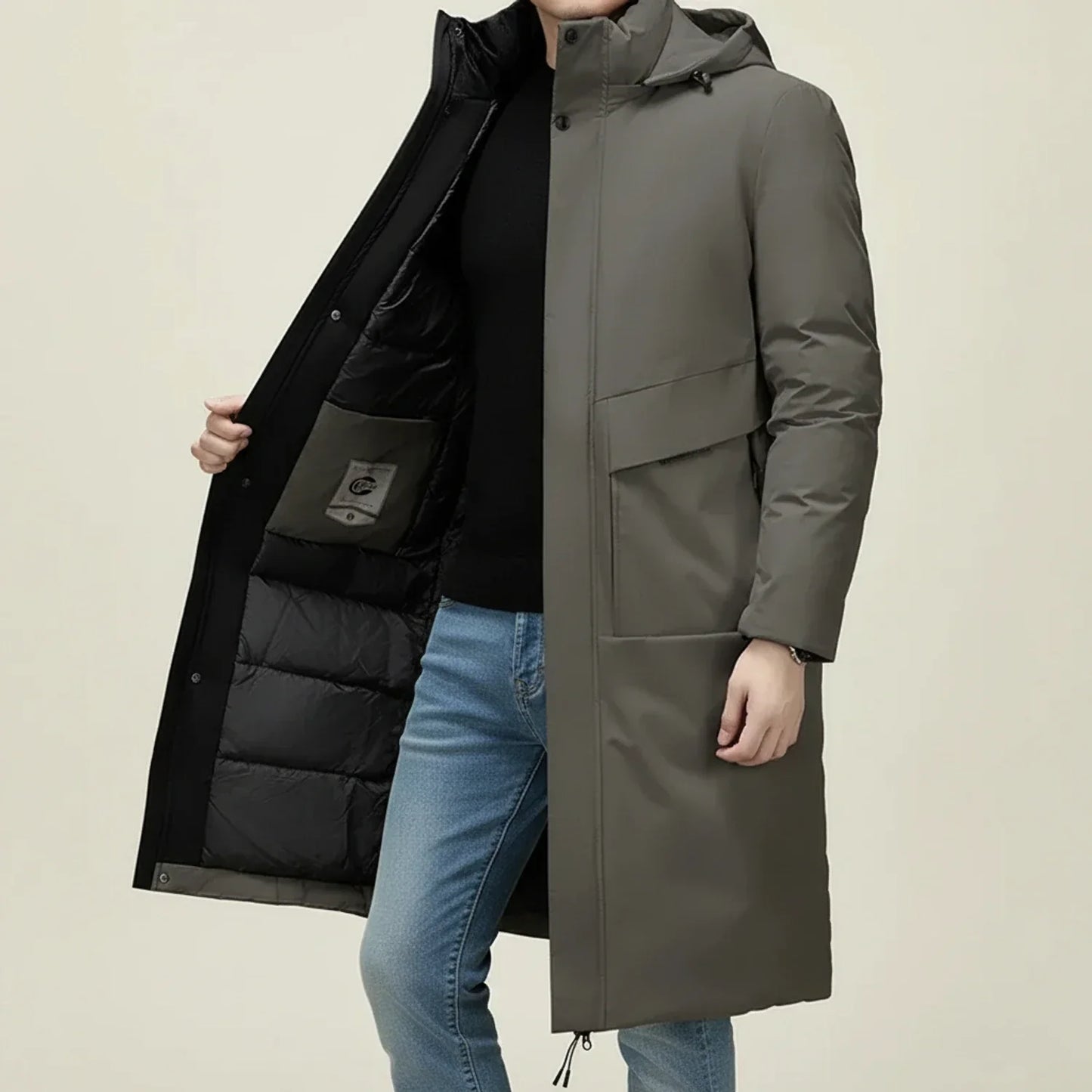 Parka Longue pour Homme à Capuche Isolante avec Cordon au Bas et Poches Passepoilées Fermeture par Pression