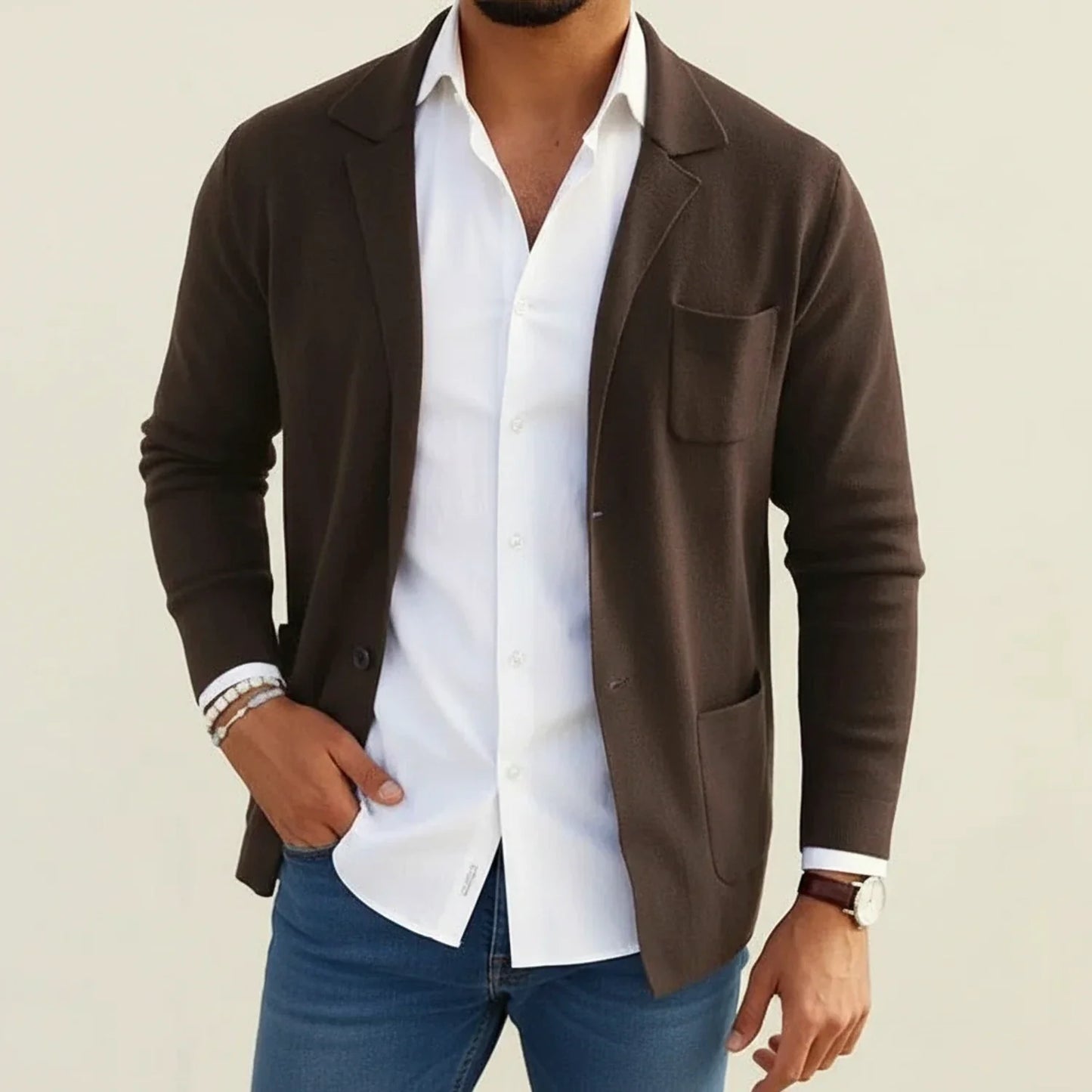 Blazer Homme Maille Slim Fit À Revers À Entaille Poches Patch Confort Décontracté Pour Style Moderne