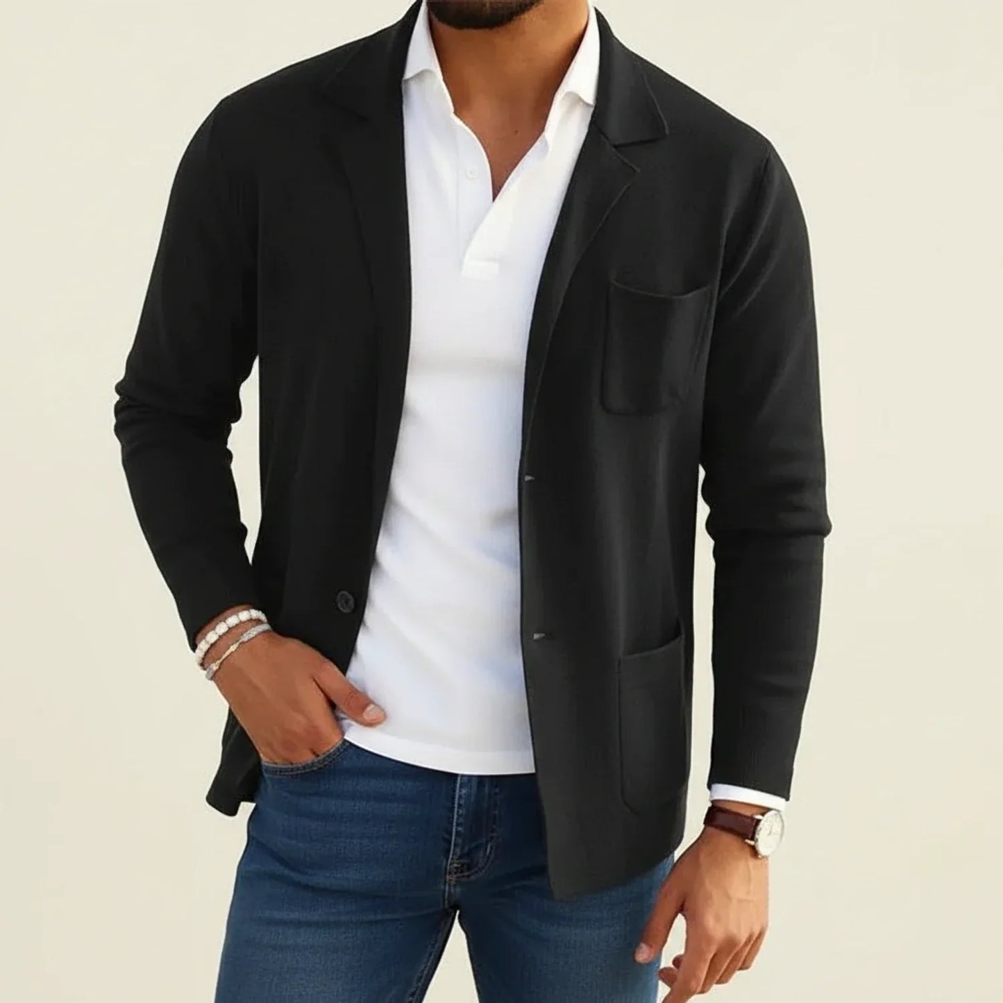 Blazer Homme Maille Slim Fit À Revers À Entaille Poches Patch Confort Décontracté Pour Style Moderne