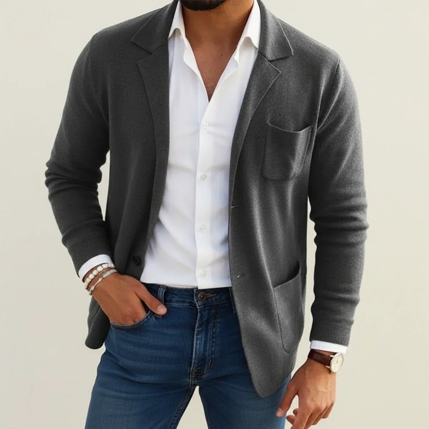 Blazer Homme Maille Slim Fit À Revers À Entaille Poches Patch Confort Décontracté Pour Style Moderne