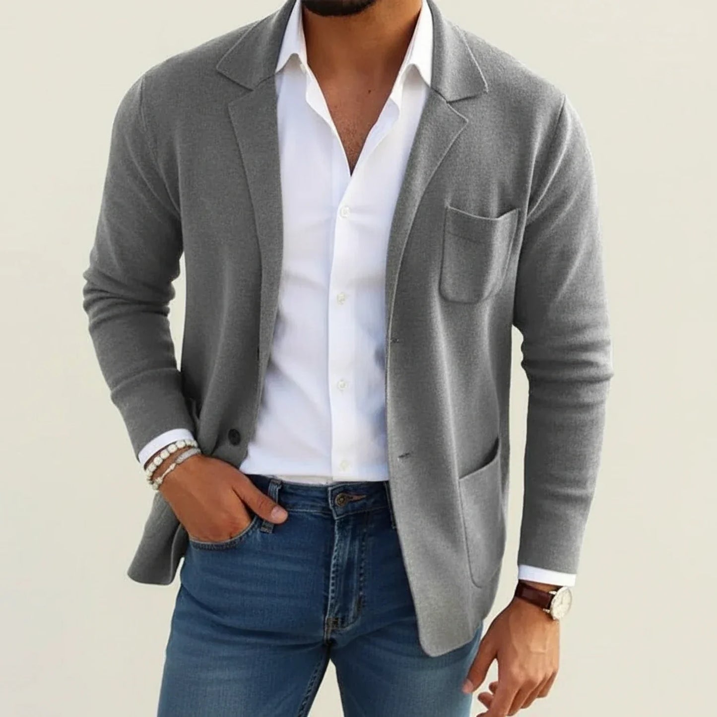 Blazer Homme Maille Slim Fit À Revers À Entaille Poches Patch Confort Décontracté Pour Style Moderne
