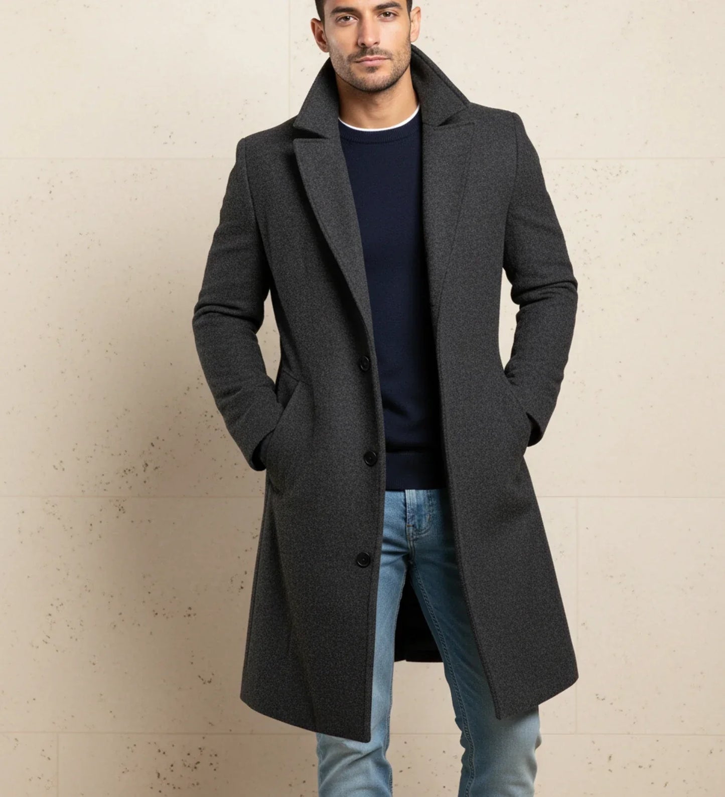 Manteau Long Homme À Revers À Entaille Simple Boutonnage Avant Pour Tenue Professionnelle Et Décontractée Amawinc