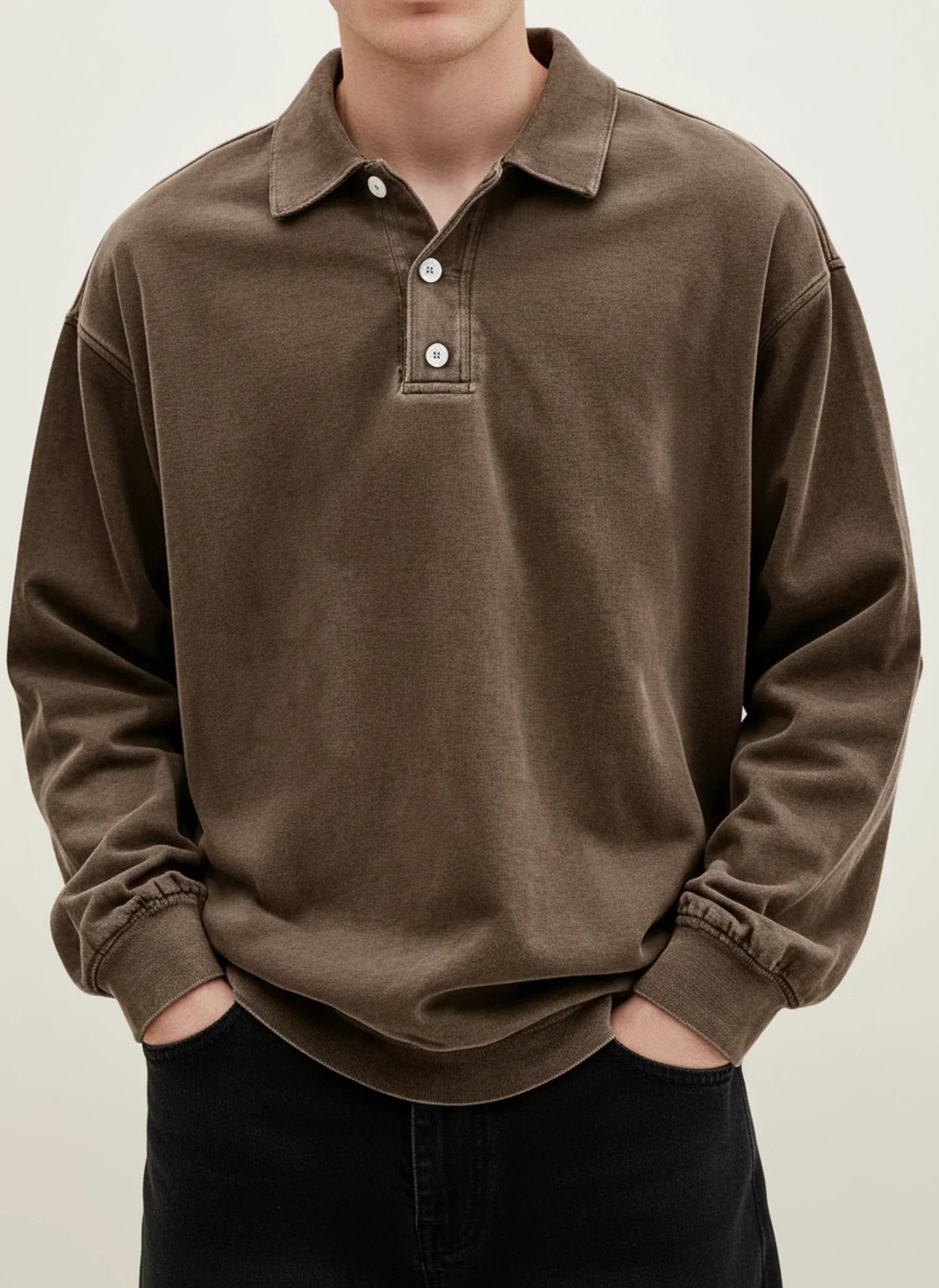 Polo Homme Vintage Manches Longues Col Classique Avec Bouton Plastron Bleu Confortable Et Polyvalent