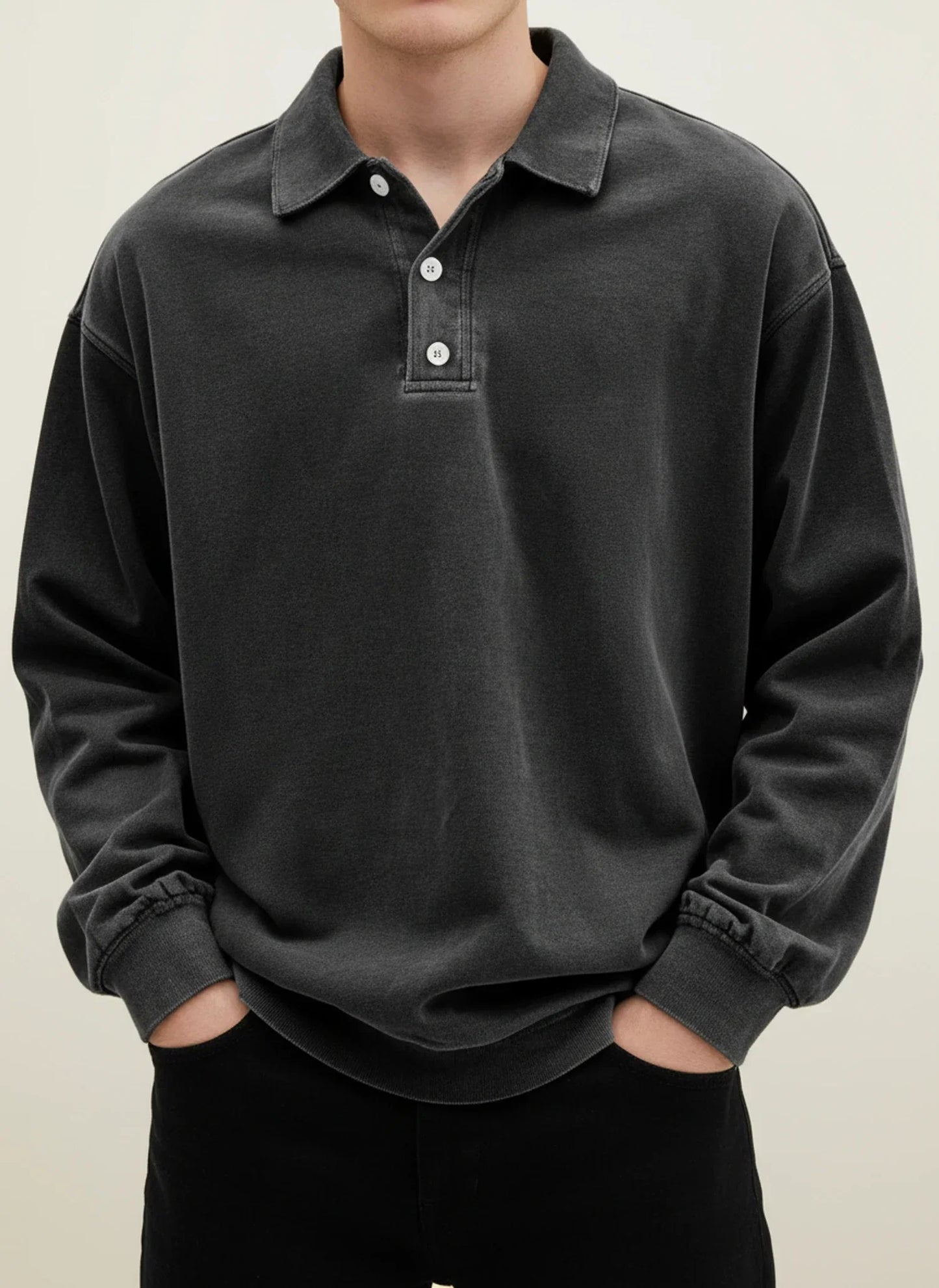 Polo Homme Vintage Manches Longues Col Classique Avec Bouton Plastron Bleu Confortable Et Polyvalent