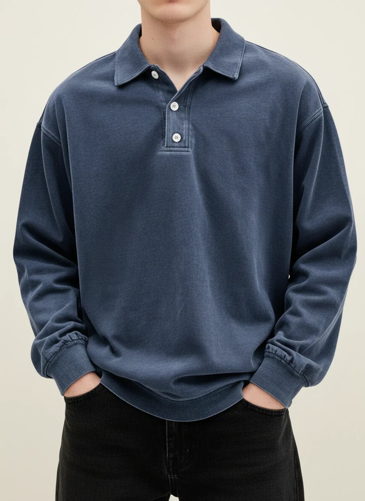 Polo Homme Vintage Manches Longues Col Classique Avec Bouton Plastron Bleu Confortable Et Polyvalent