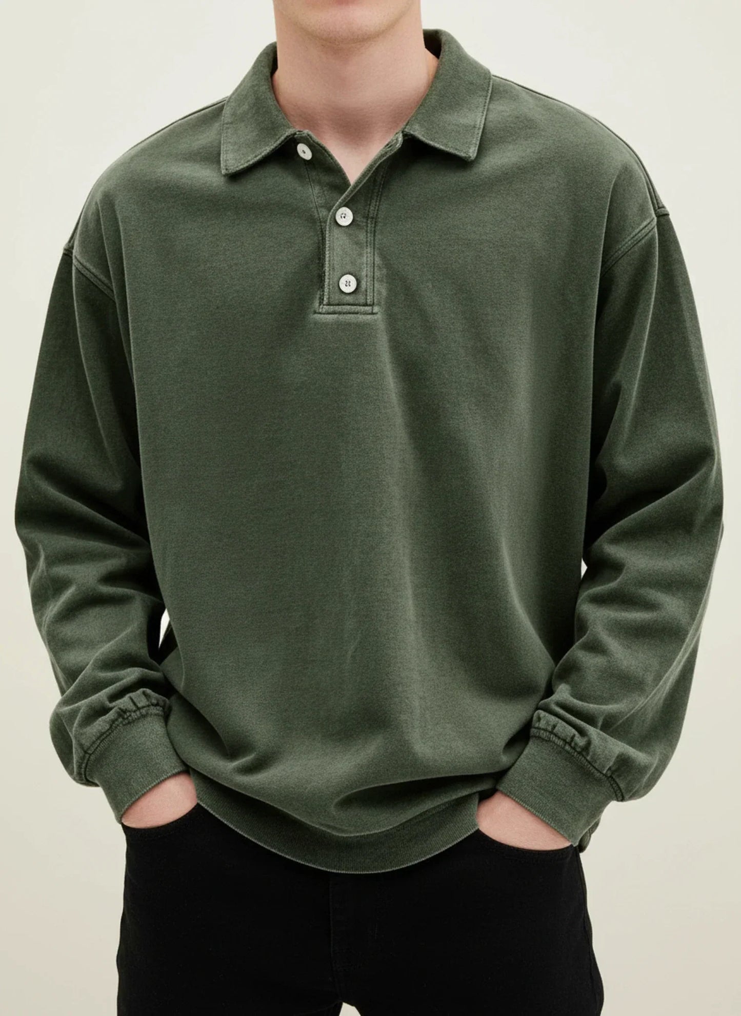 Polo Homme Vintage Manches Longues Col Classique Avec Bouton Plastron Bleu Confortable Et Polyvalent
