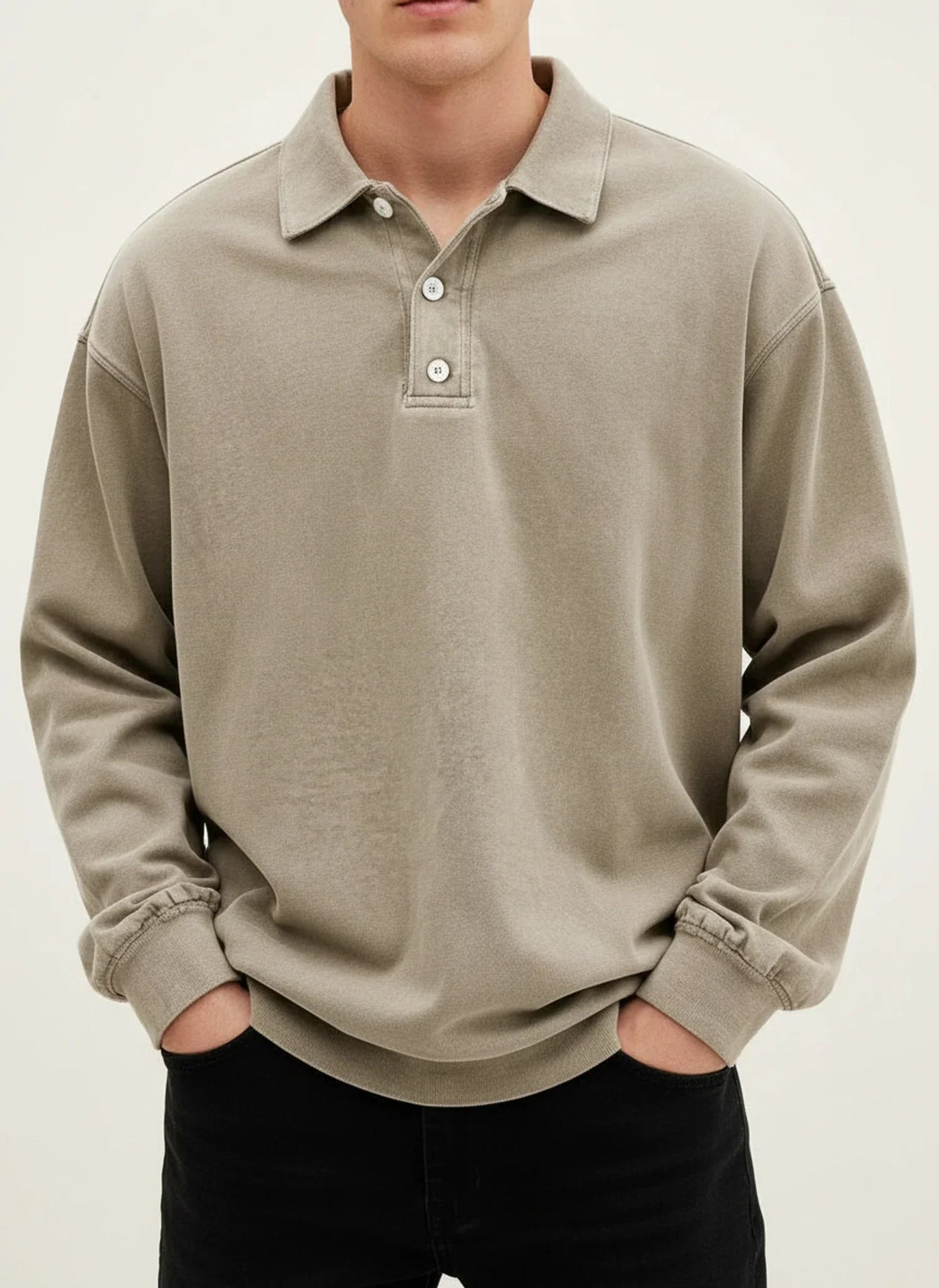 Polo Homme Vintage Manches Longues Col Classique Avec Bouton Plastron Bleu Confortable Et Polyvalent