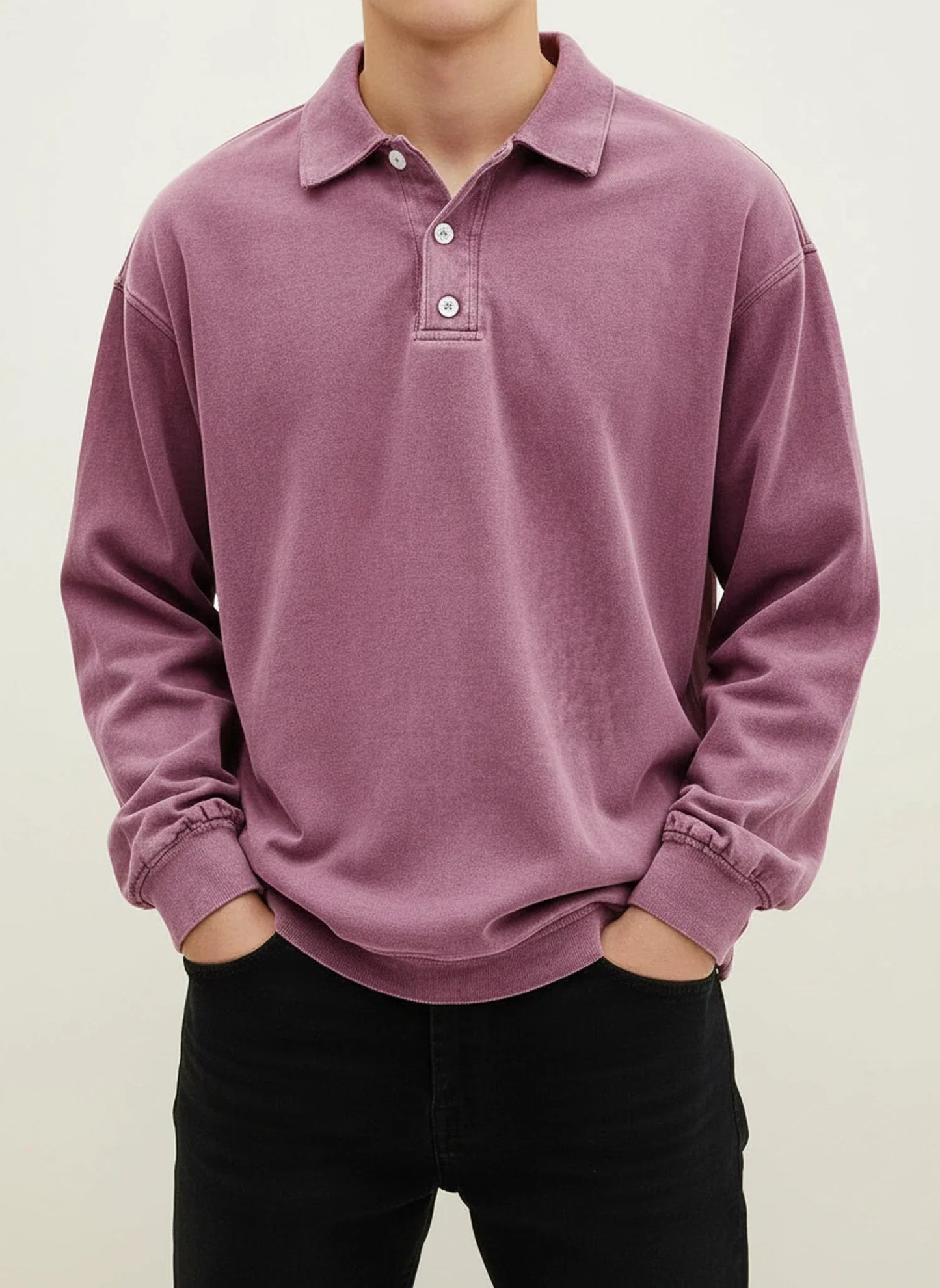 Polo Homme Vintage Manches Longues Col Classique Avec Bouton Plastron Bleu Confortable Et Polyvalent