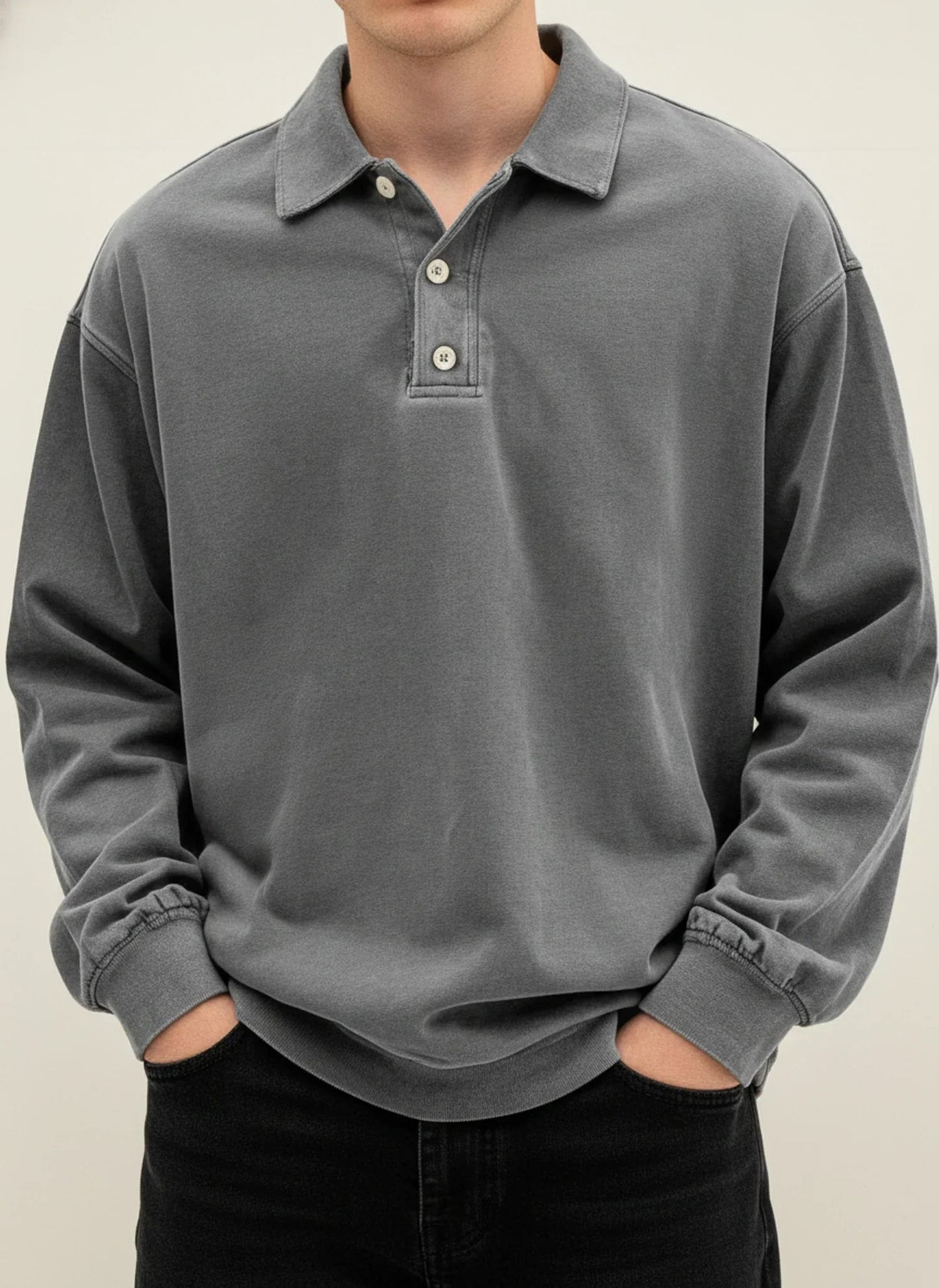 Polo Homme Vintage Manches Longues Col Classique Avec Bouton Plastron Bleu Confortable Et Polyvalent