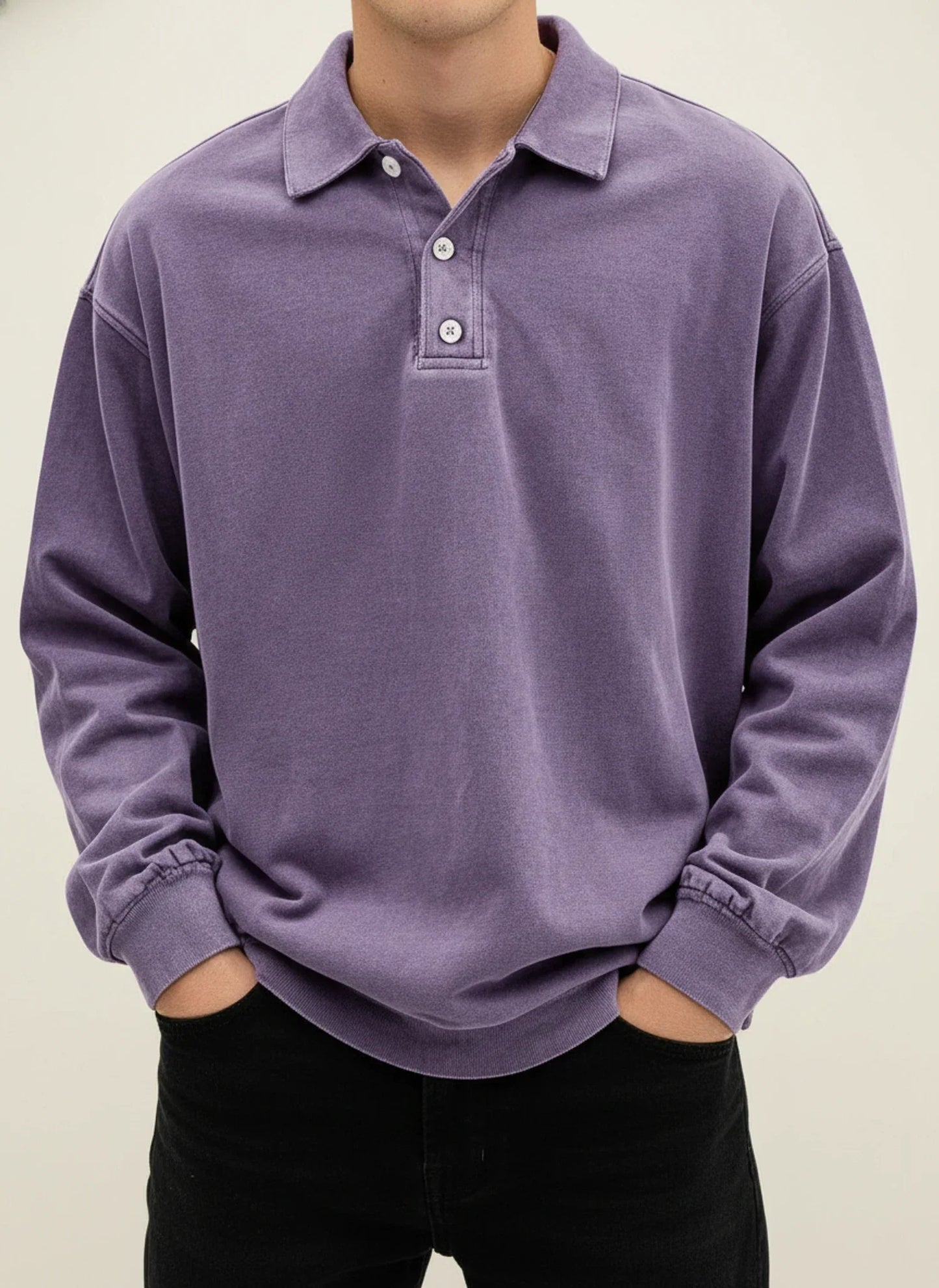 Polo Homme Vintage Manches Longues Col Classique Avec Bouton Plastron Bleu Confortable Et Polyvalent
