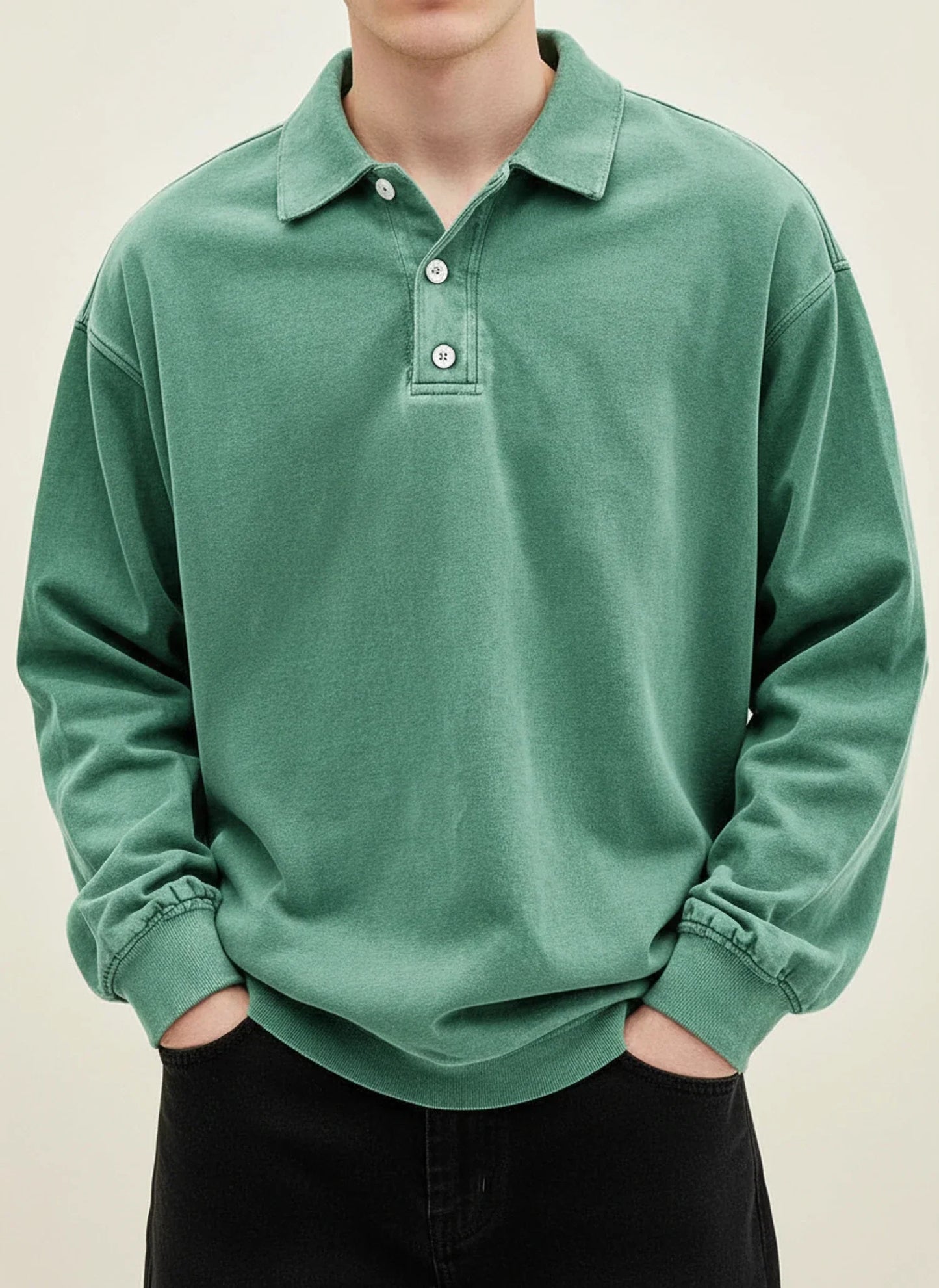 Polo Homme Vintage Manches Longues Col Classique Avec Bouton Plastron Bleu Confortable Et Polyvalent