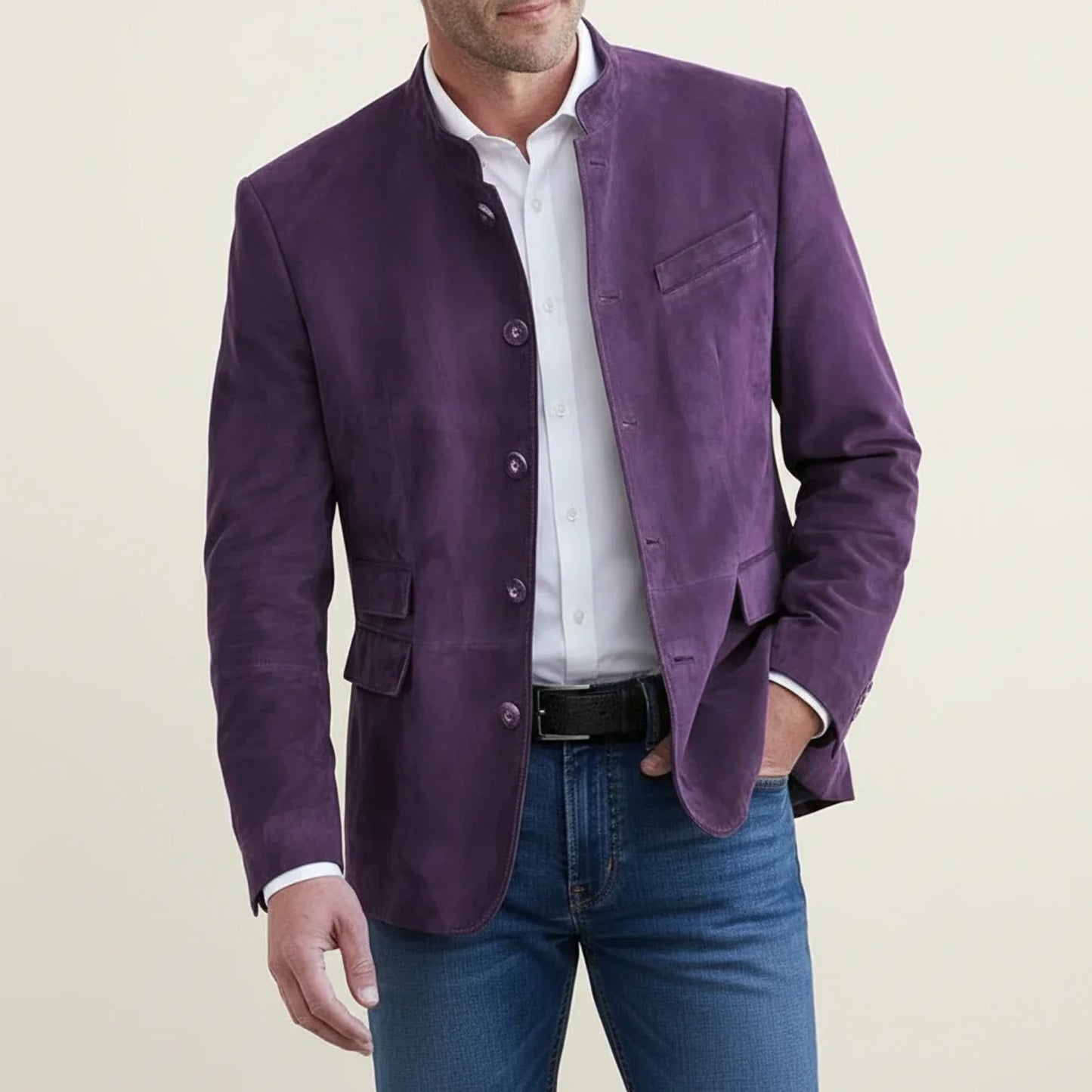 Veste Blazer Homme Col Mandarine À Simple Boutonnage Avec Poches Plaquées Look Décontracté Chic Amawinc