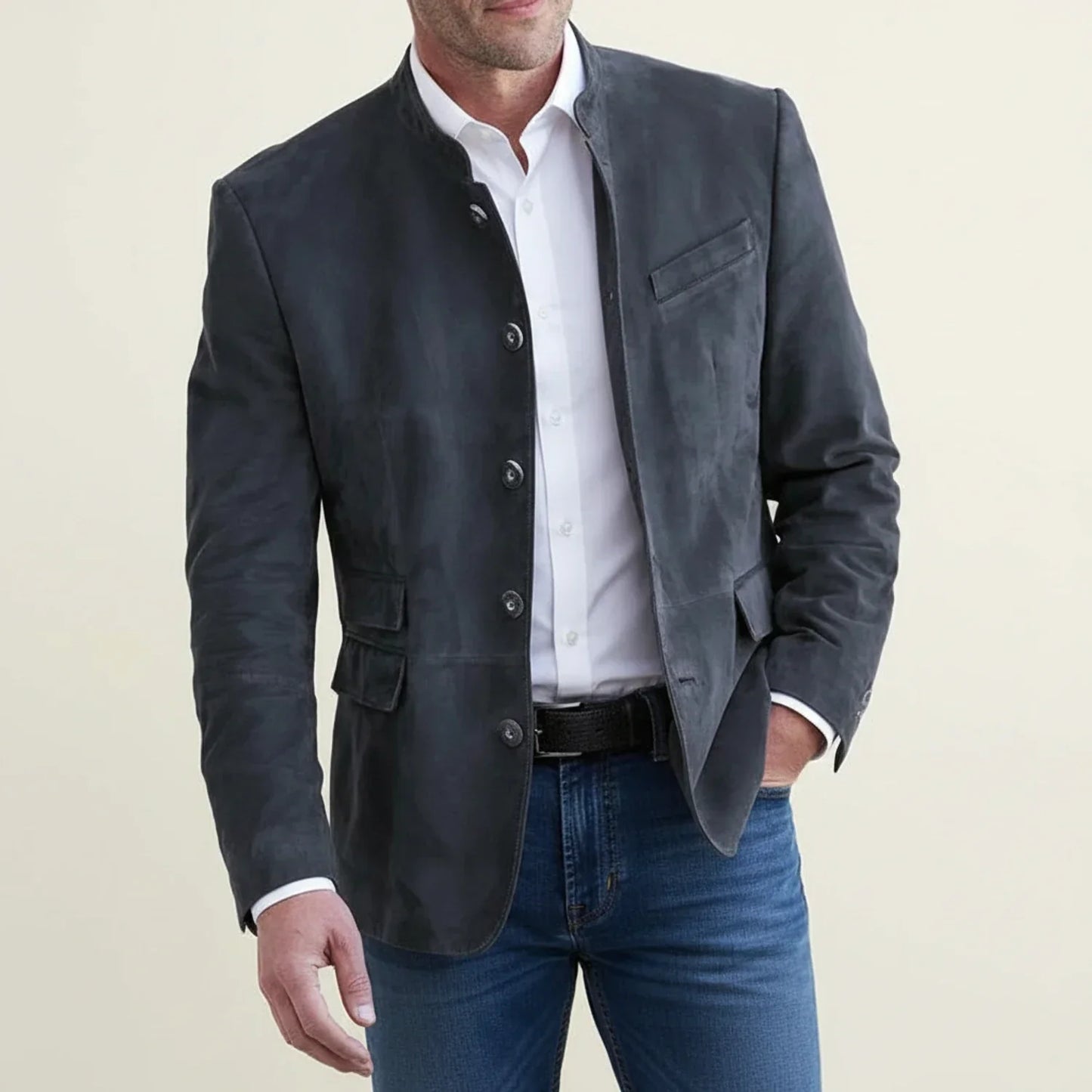 Veste Blazer Homme Col Mandarine À Simple Boutonnage Avec Poches Plaquées Look Décontracté Chic Amawinc
