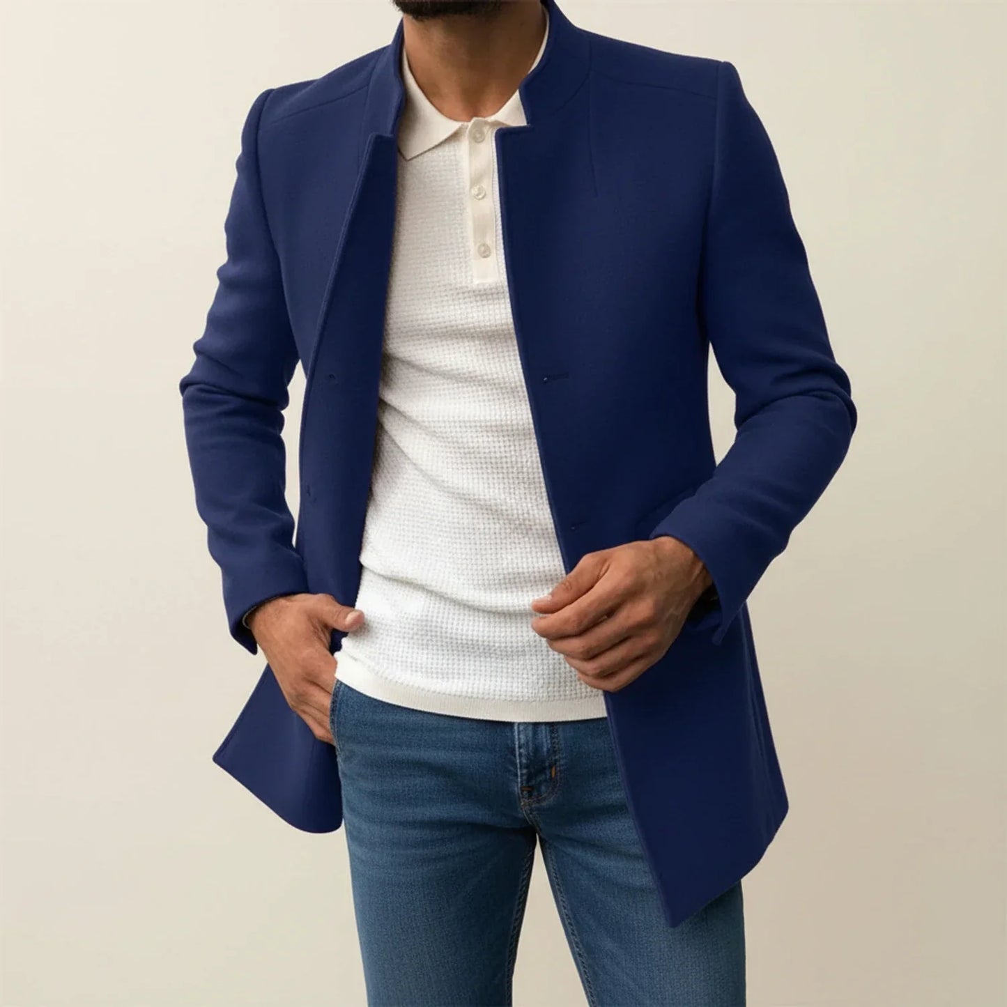 Manteau Homme Slim Fit Col Mandarin Mi Longue Simple Boutonnage en Beige Pour Style Moderne et Formel