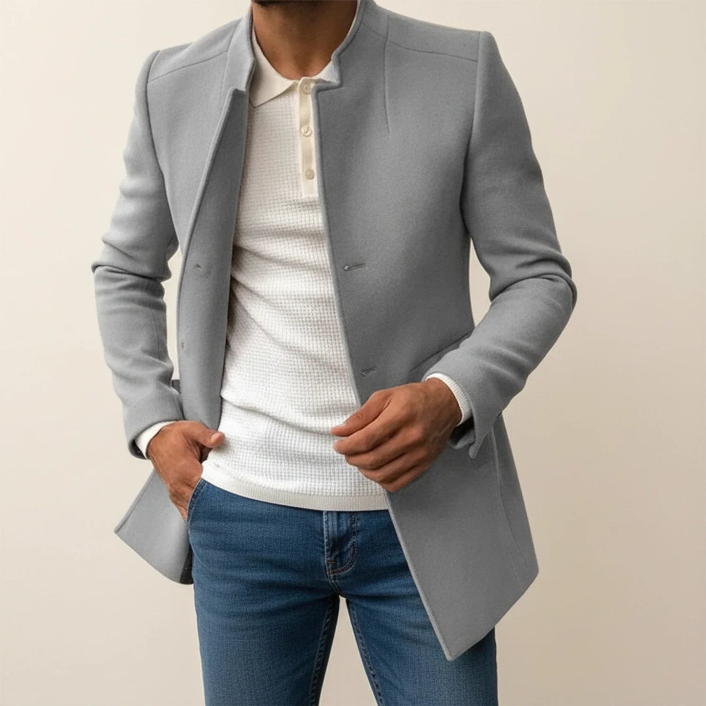 Manteau Homme Slim Fit Col Mandarin Mi Longue Simple Boutonnage en Beige Pour Style Moderne et Formel