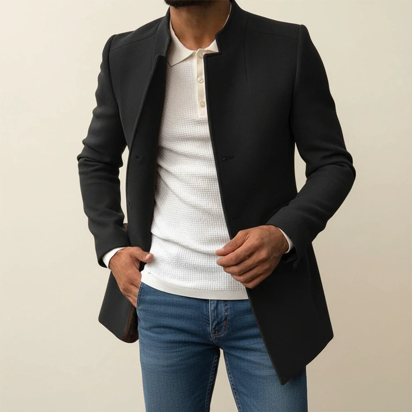 Manteau Homme Slim Fit Col Mandarin Mi Longue Simple Boutonnage en Beige Pour Style Moderne et Formel