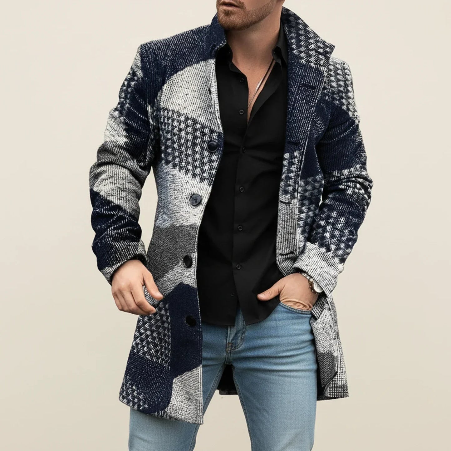 Amawinc Manteau Homme Revers Encoches Mi-Long Gris Avec Boutonnage Devant Et Motif Subtil