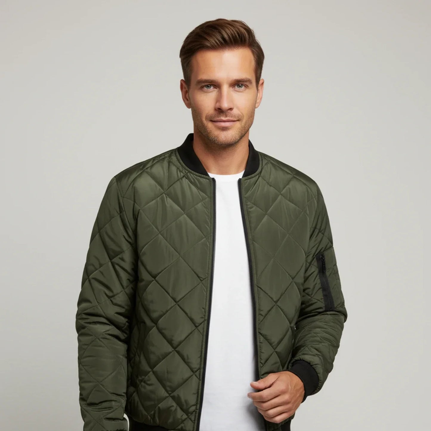Veste Bomber Matelassée Pour Homme Avec Motif Diamant Léger Et Fermeture Éclair Noire Amawinc