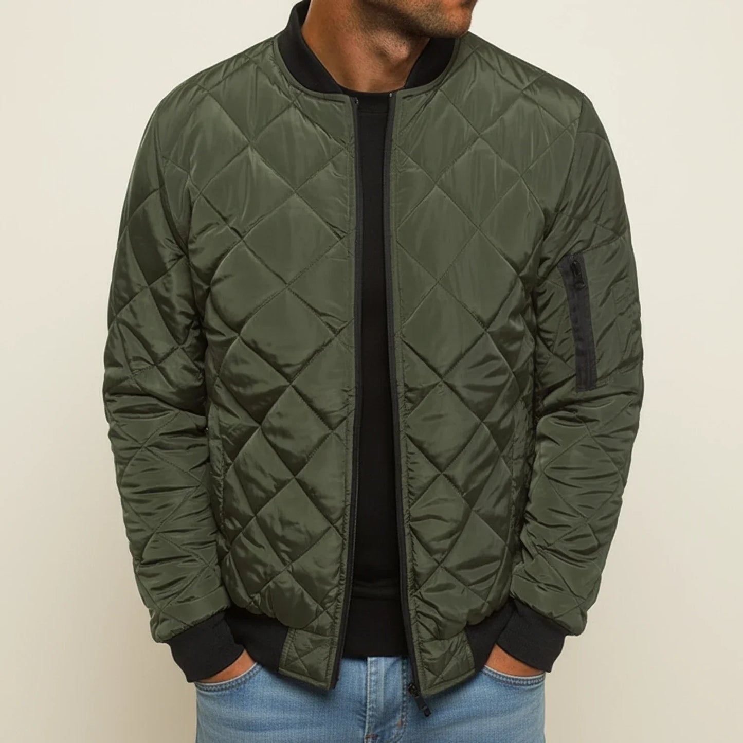Amawinc Manteau Bomber Quilté Diamant Pour Homme Noir Avec Zip Col Côtelé Poignets Décontractés